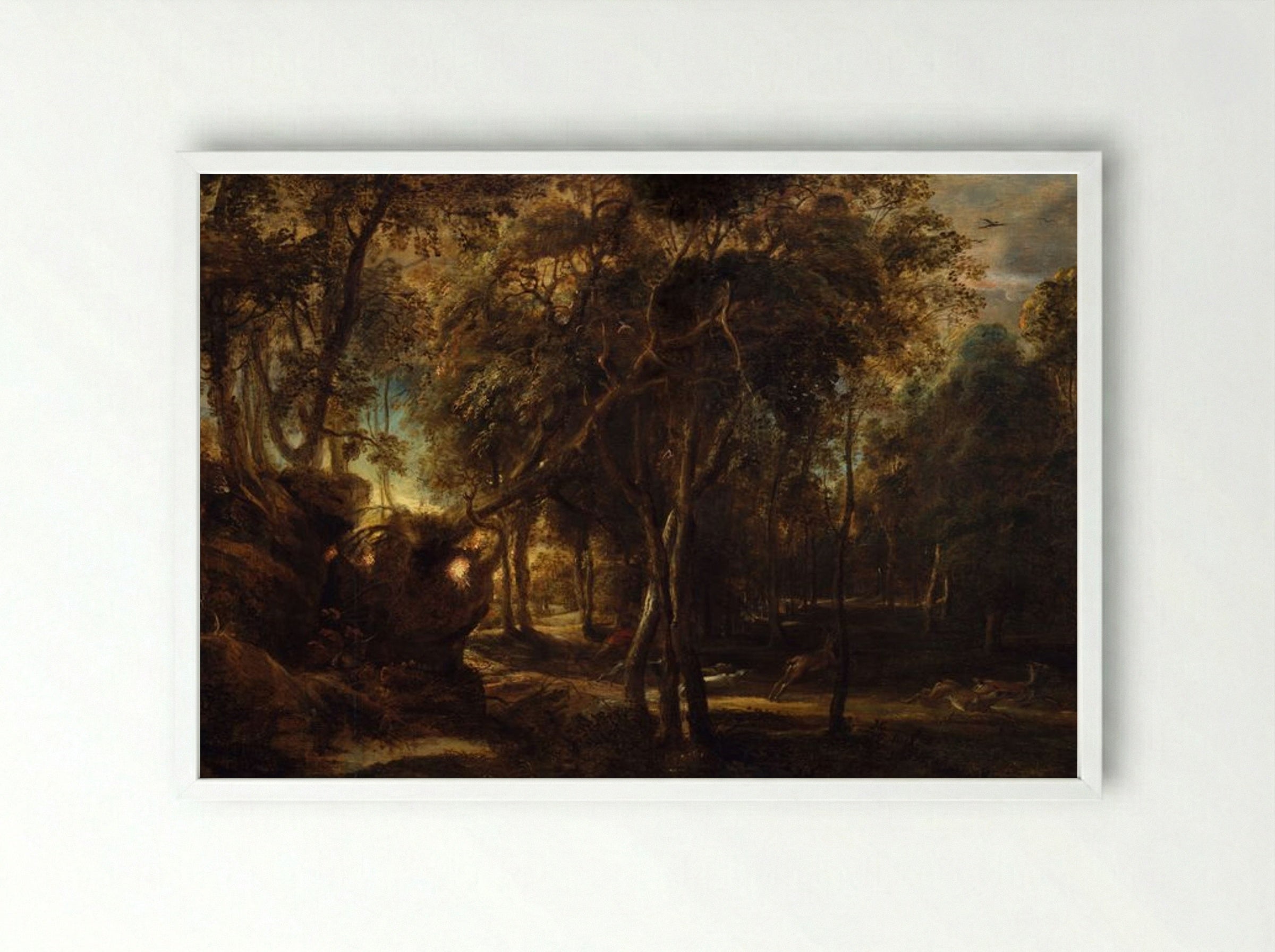 A Forest at Dawn with a Deer Hunt - Peter Paul Rubens - Framed Print White