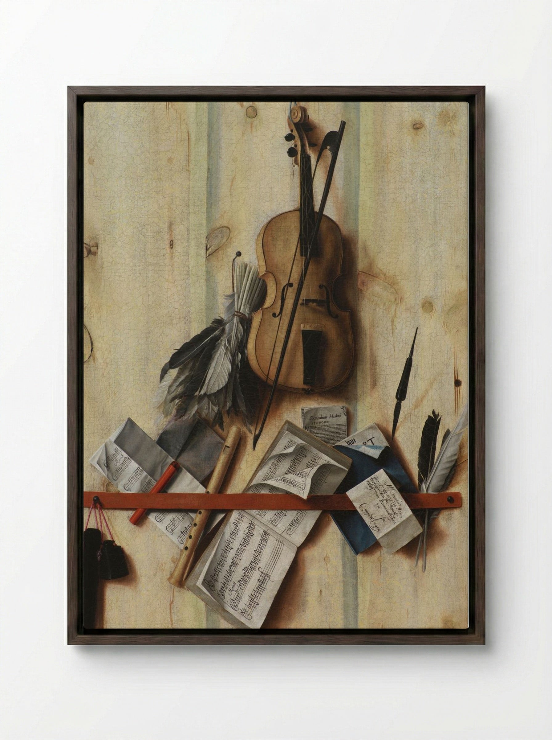 Trompe l'oeil with violin, sheet music and recorder - Cornelis Norbertus Gysbrechts - Framed Canvas Dark Wood