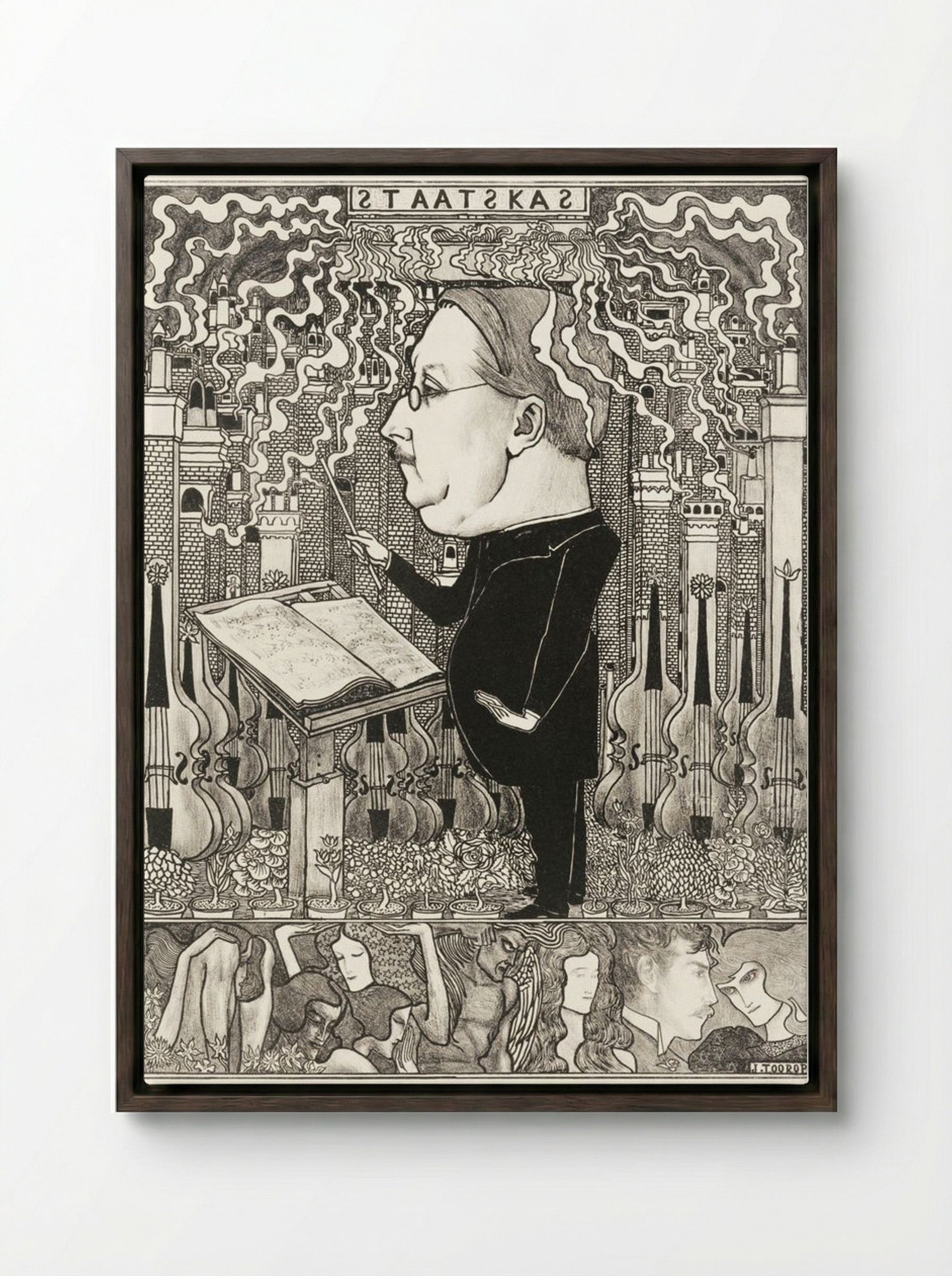 Conductor with Violins and Smoking Chimneys Behind - Jan Toorop - Framed Canvas Dark Wood