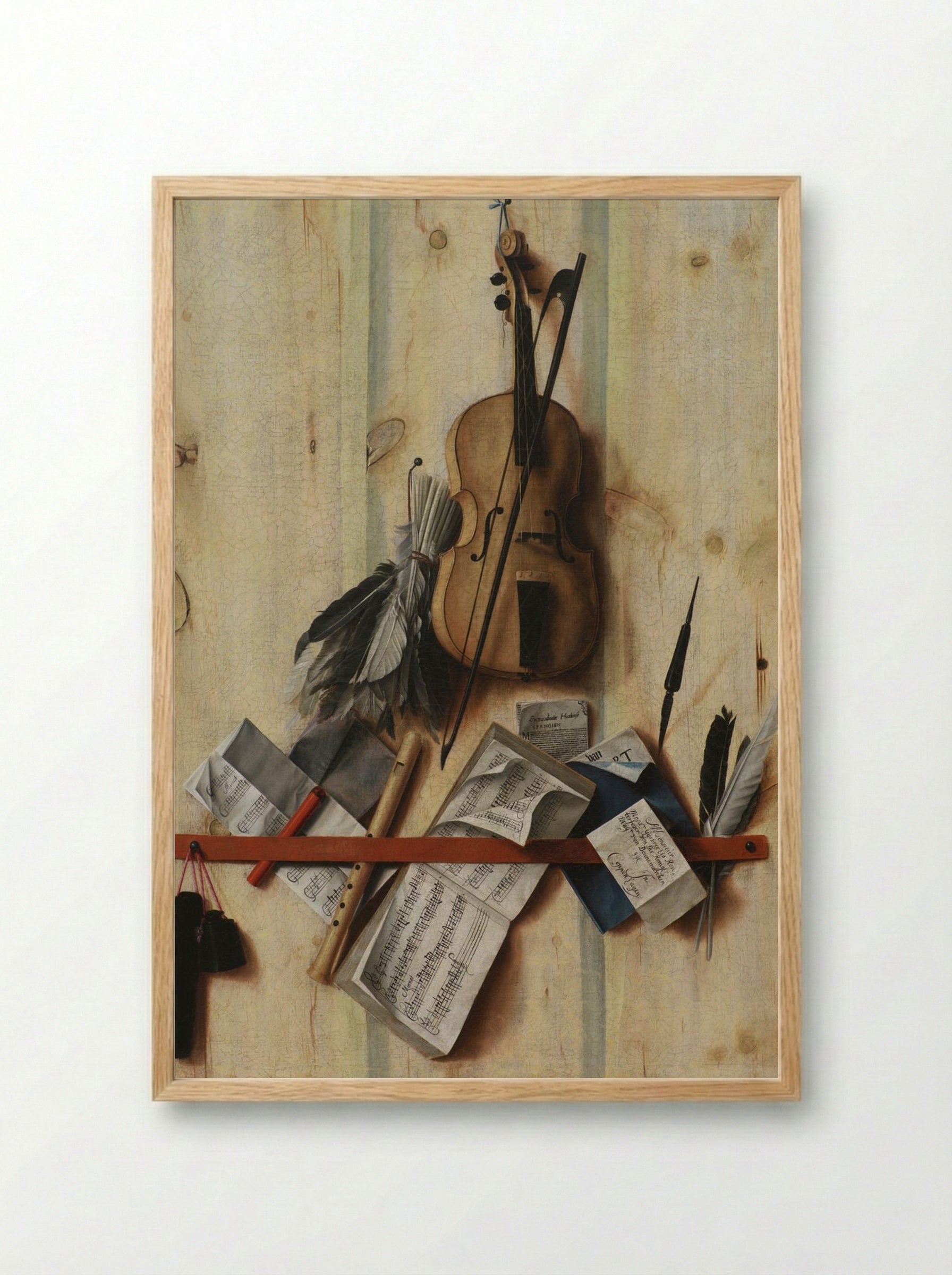 Trompe l'oeil with violin, sheet music and recorder - Cornelis Norbertus Gysbrechts - Framed Print Wood