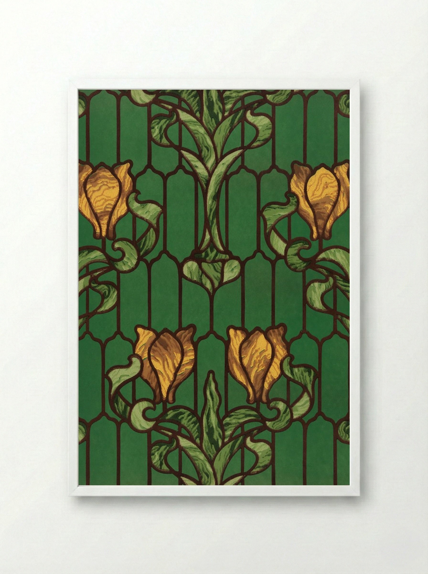 Flower Patterned Stained Glass (Yellow Tulip with Green Foliage) - Fine Art Print - Framed Print White