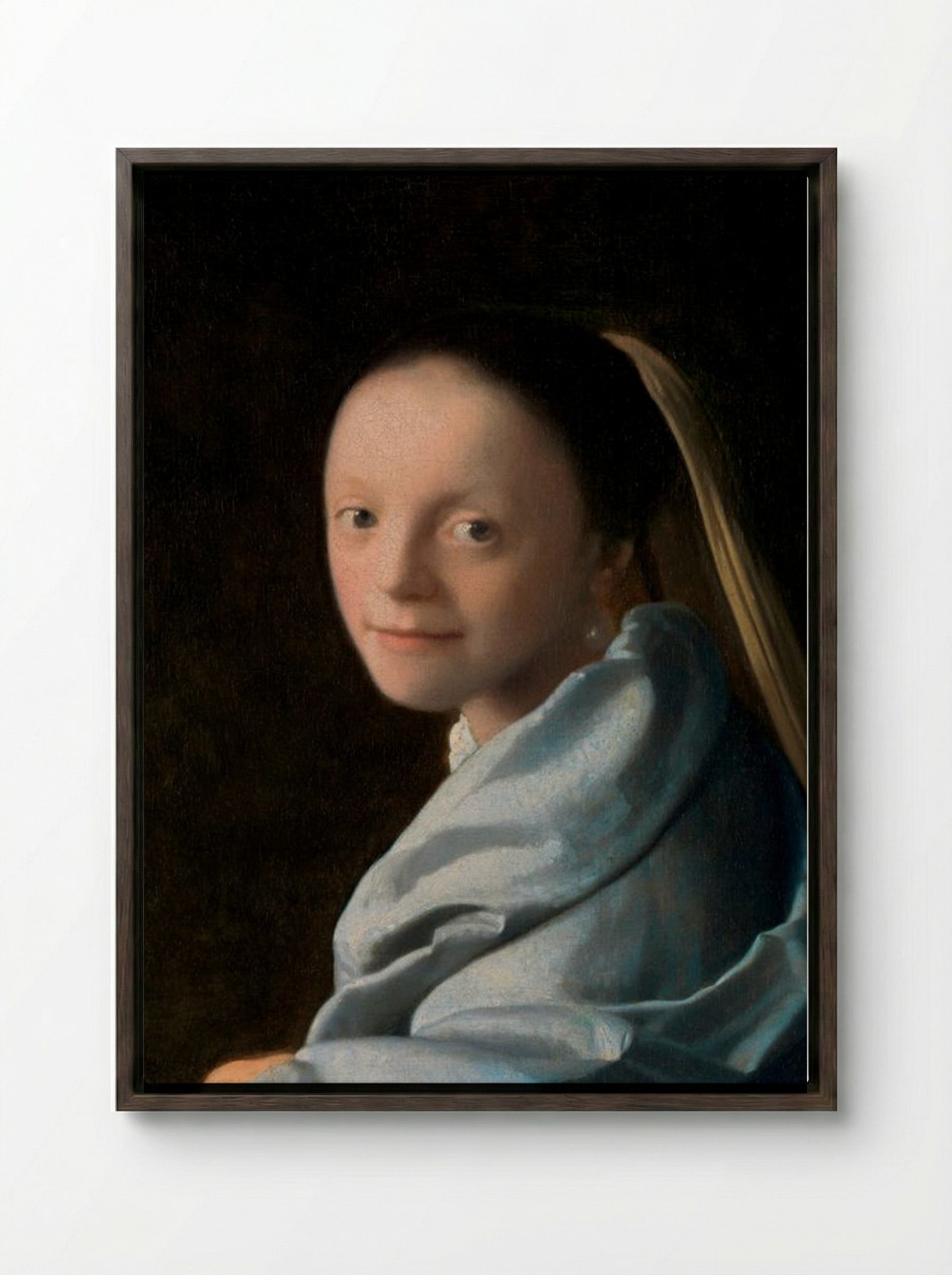 Study of a Young Woman - Johannes Vermeer - Framed Canvas Dark Wood