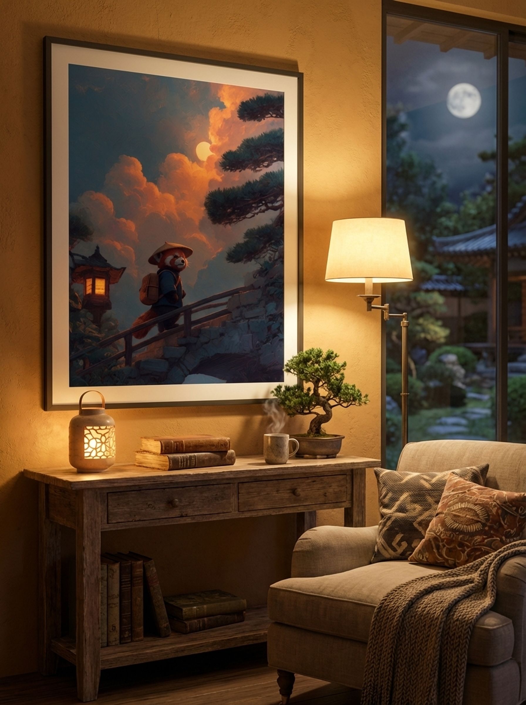 Evening Journey – Red Panda Lantern Walk Art Print - Lifestyle
