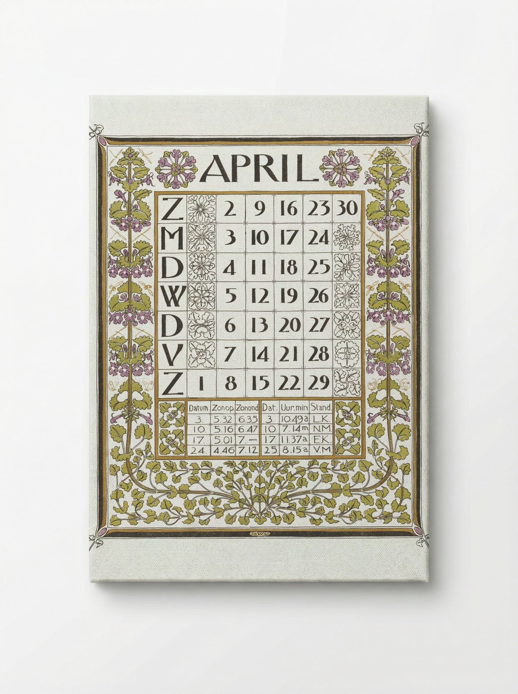 Calendar for April 1899 - Gerrit Willem Dijsselhof - Canvas