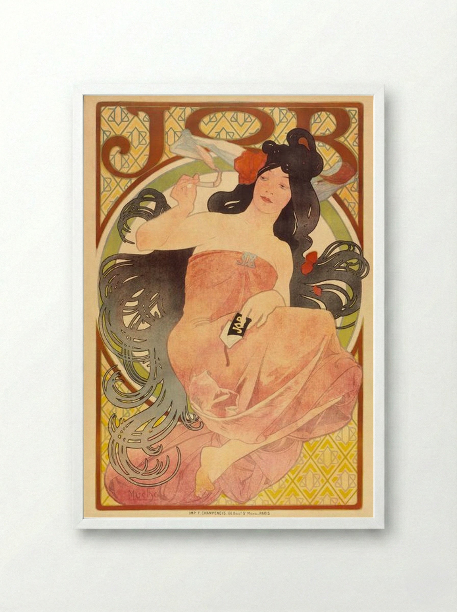 Job Cigarette Advertisement - Alphonse Mucha - Framed Print White