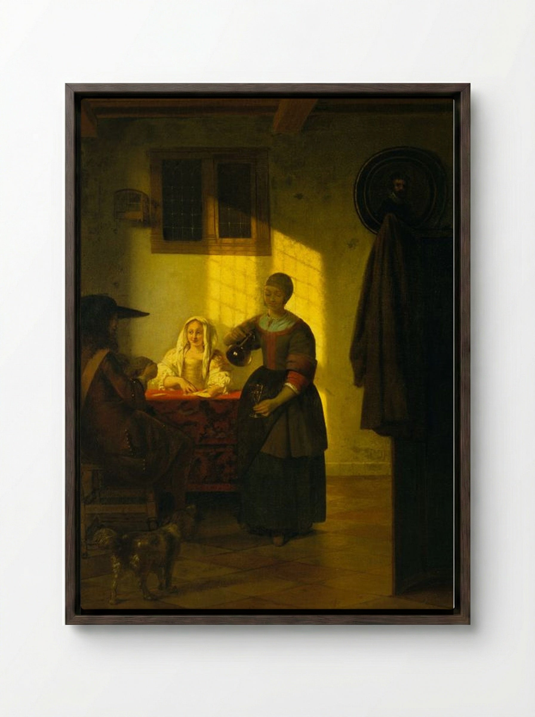 A Couple Playing Cards, with a Serving Woman - Pieter de Hooch - Framed Canvas Dark Wood