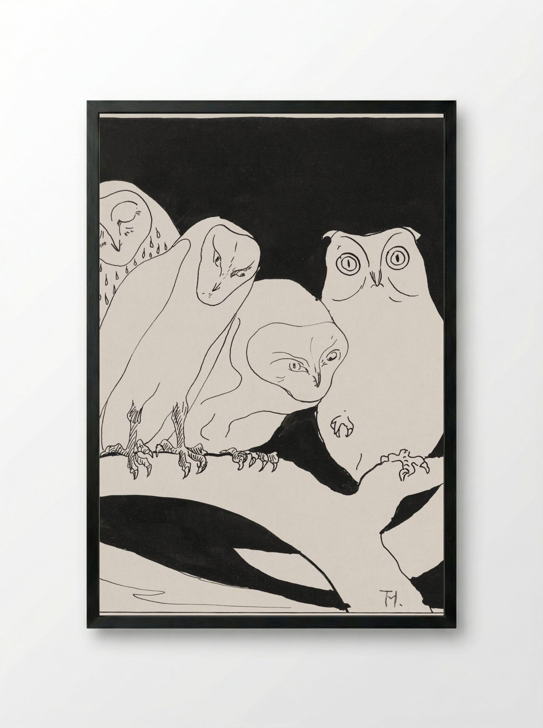 Owls on a Branch - Theo van Hoytema - Framed Print Black
