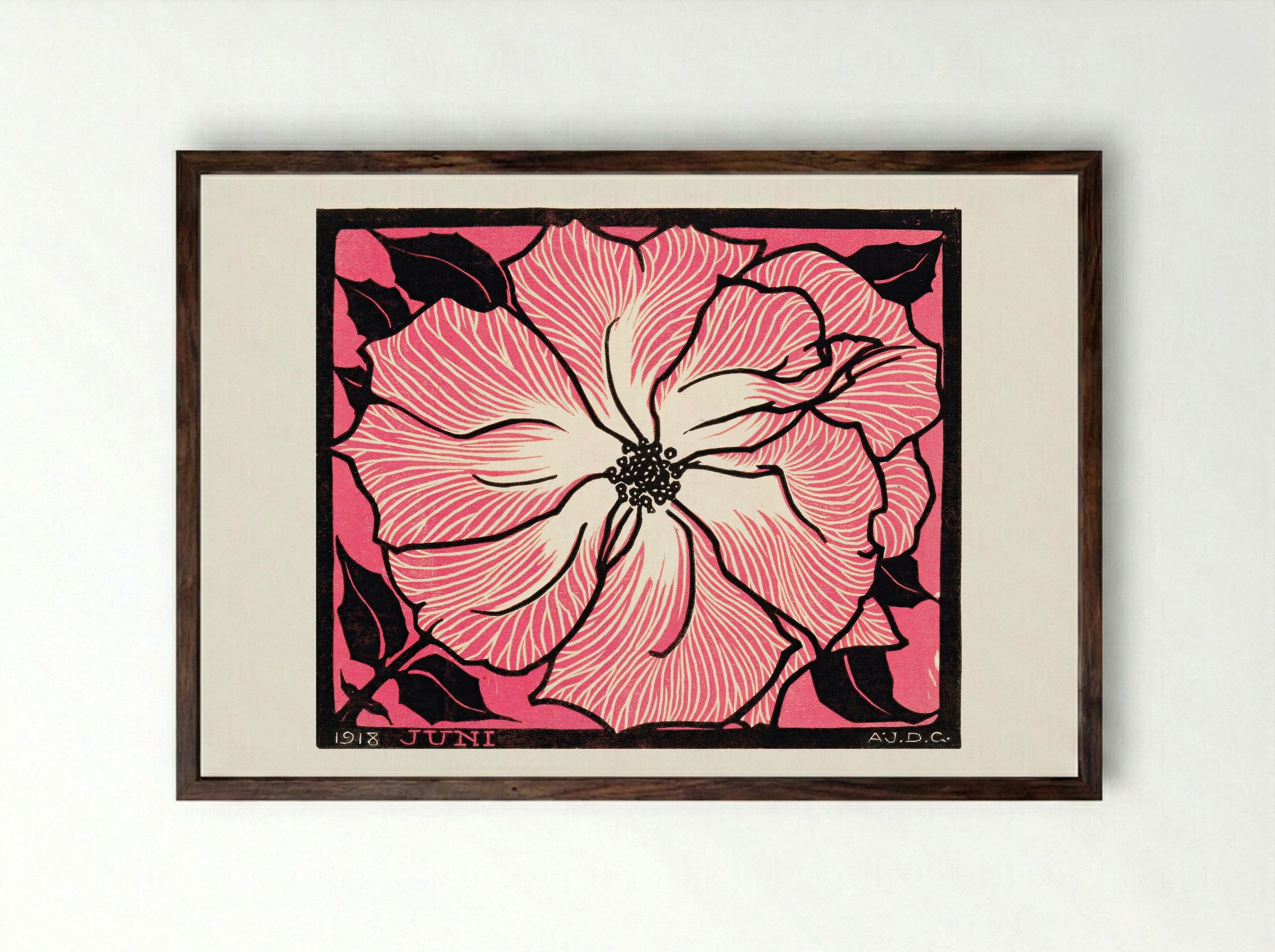 June (Floral Woodcut) - Julie de Graag - Framed Print Dark Wood