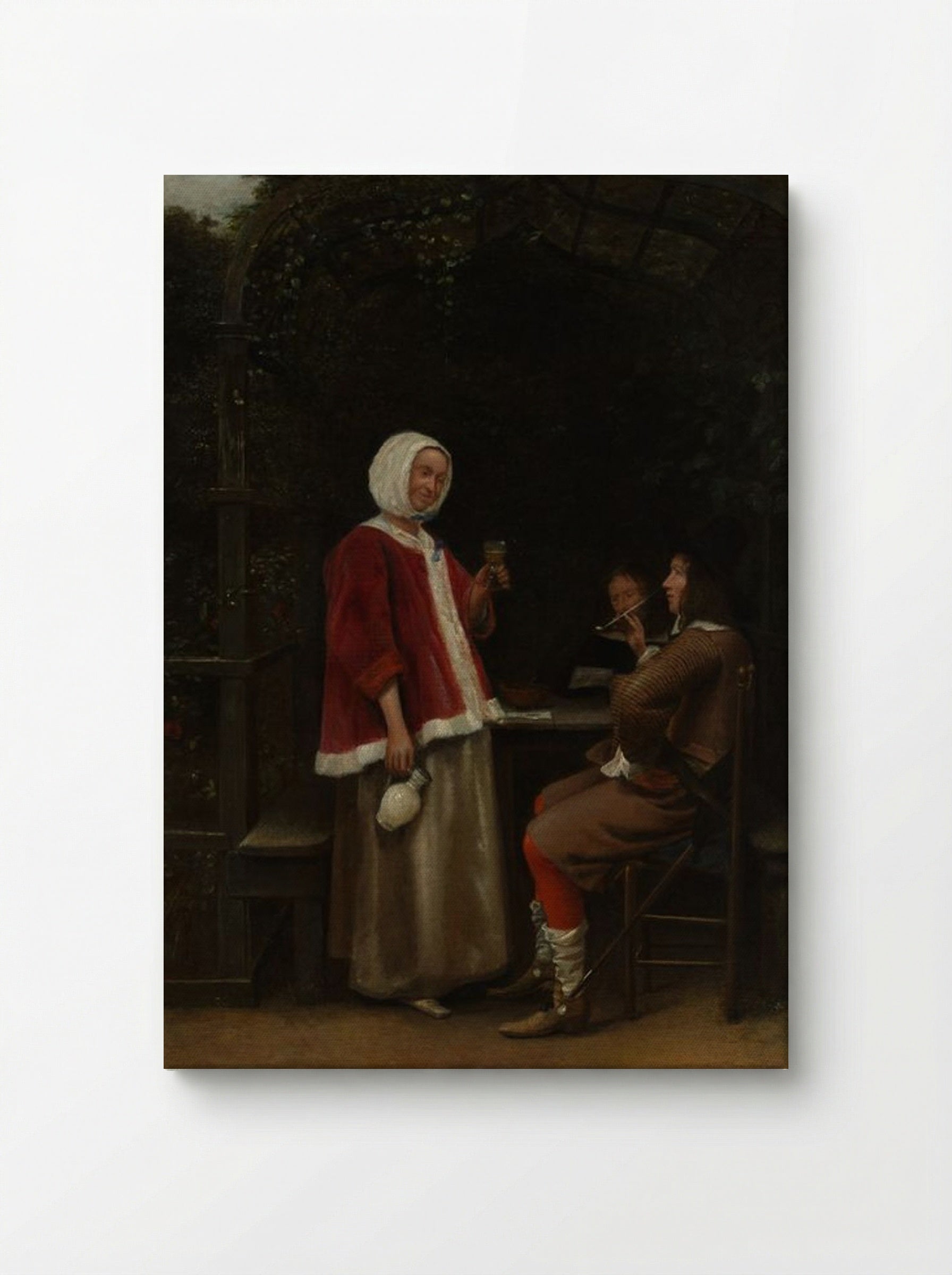 A Woman and Two Men in an Arbor - Pieter de Hooch - Canvas