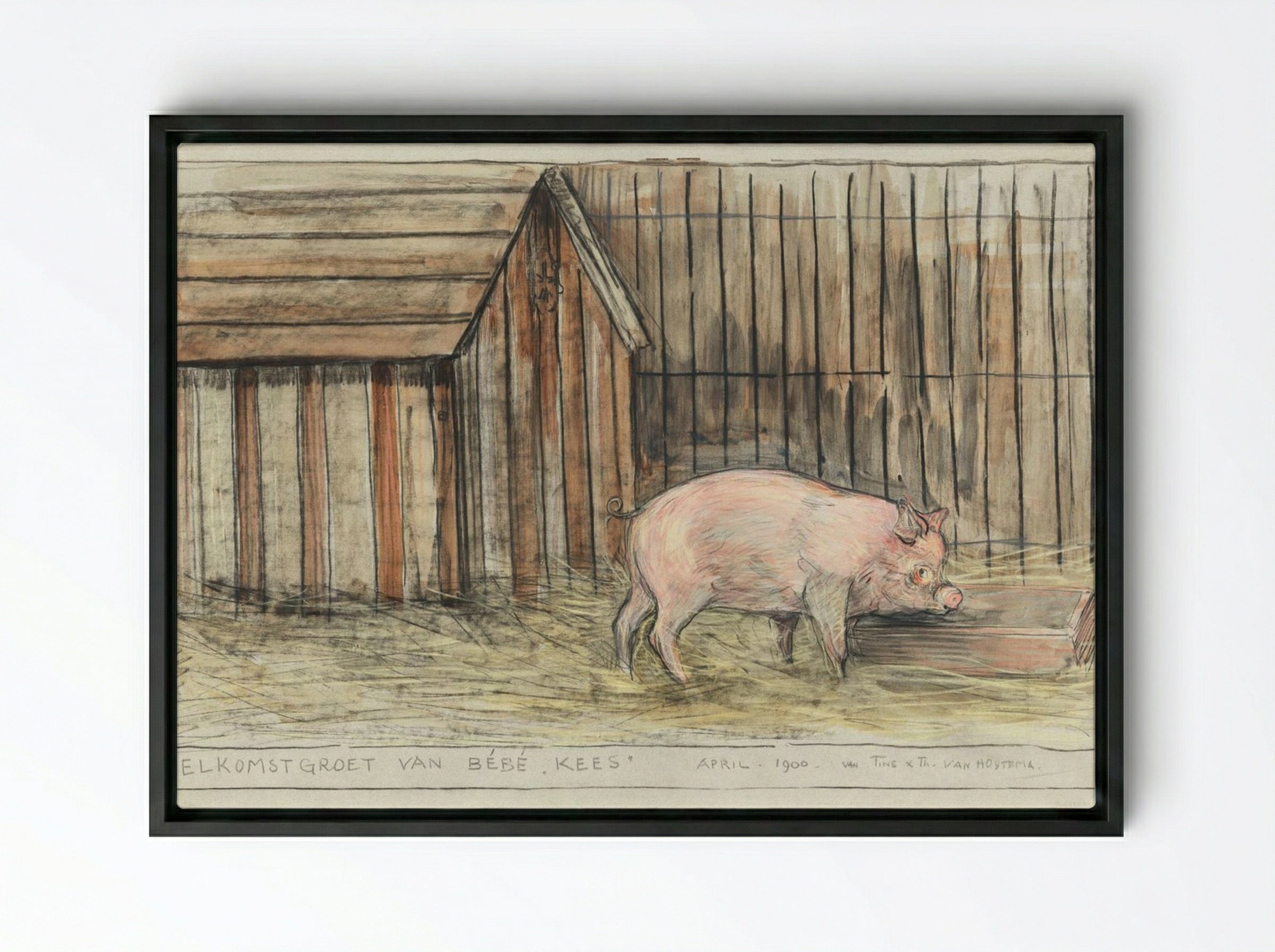 Varken Voor zijn kot bij een trog (Pig Before its Pen by a Trough) - Theo van Hoytema - Framed Canvas Black