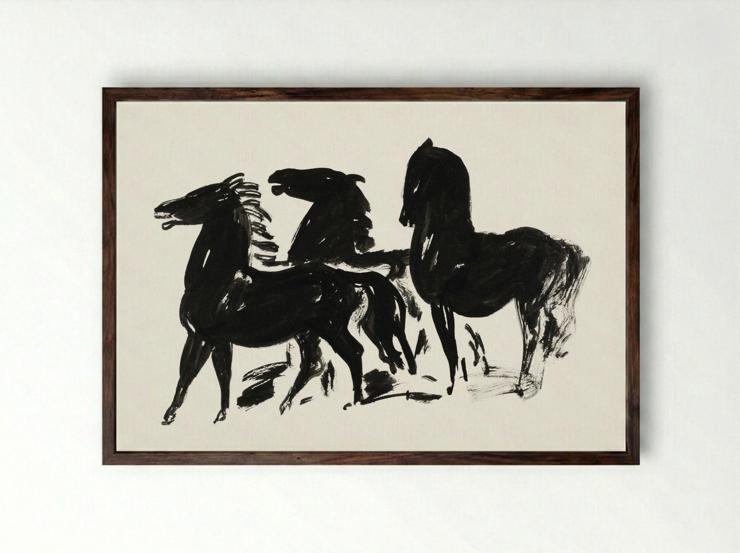 Three Black Horses Standing, Facing Left - Leo Gestel - Framed Print Dark Wood