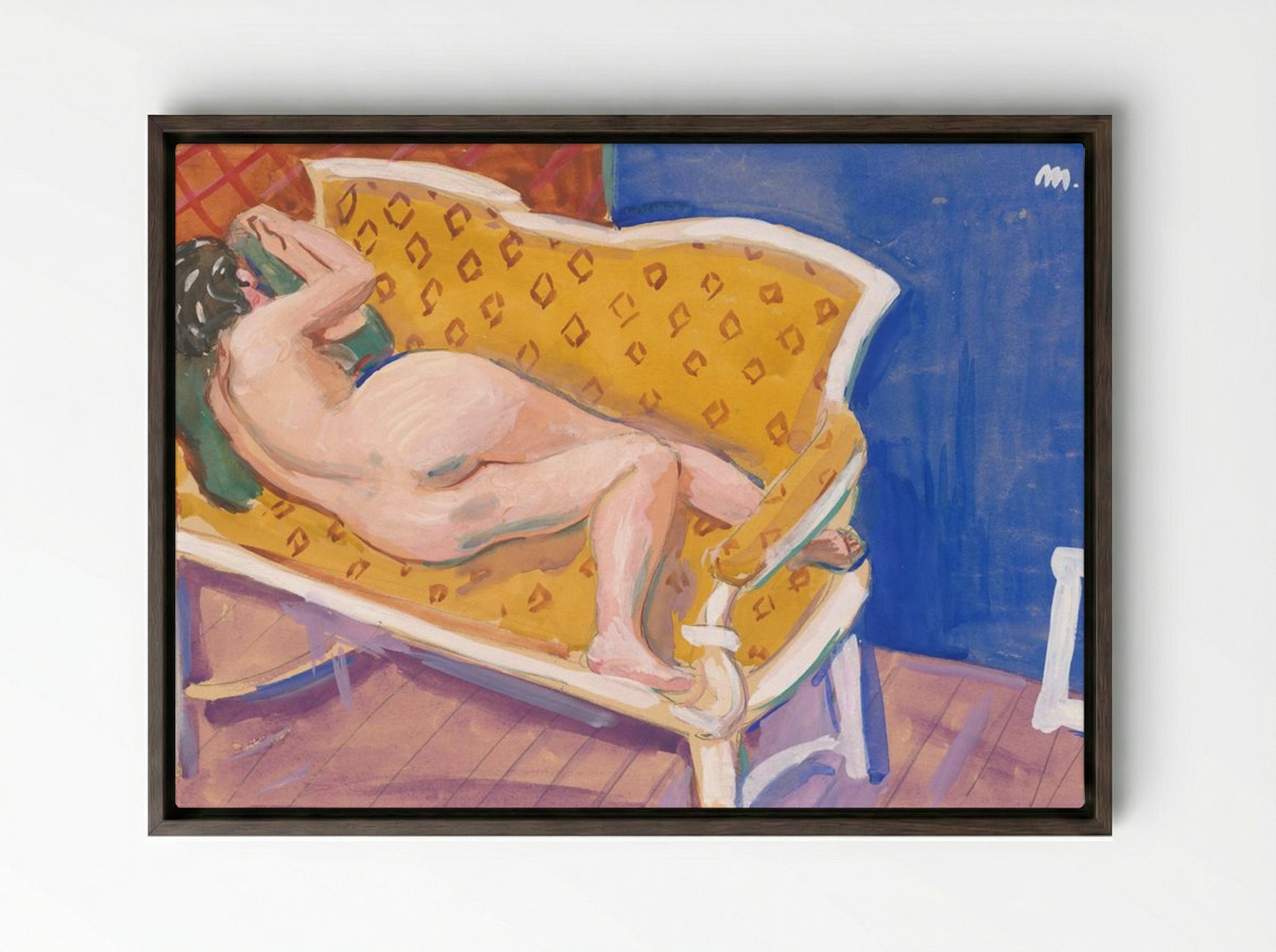Reclining Nude on Yellow Sofa - Cyprián Majerník - Framed Canvas Dark Wood
