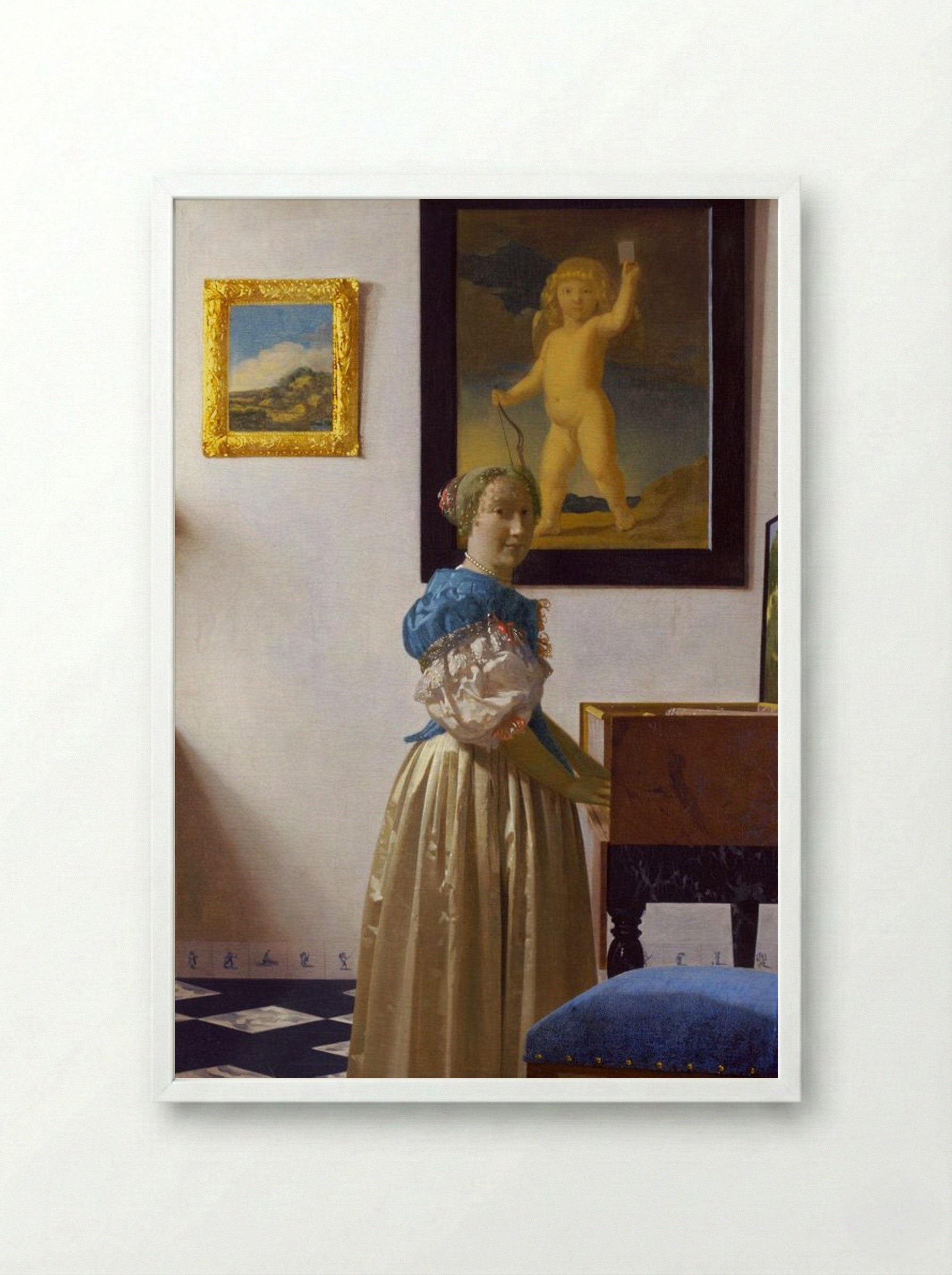 Lady Standing at a Virginal - Johannes Vermeer - Framed Print White