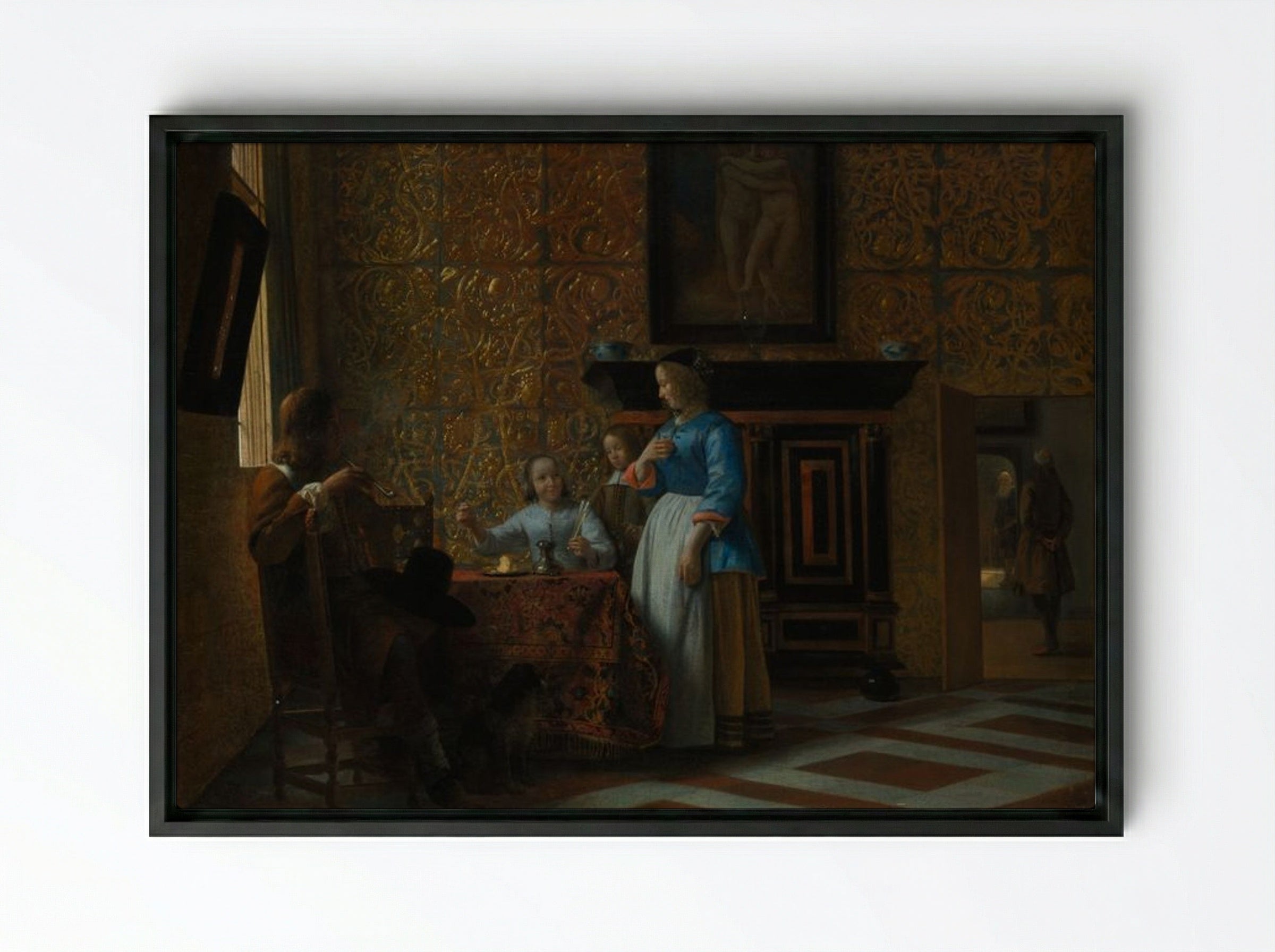 Leisure Time in an Elegant Setting - Pieter de Hooch - Framed Canvas Black