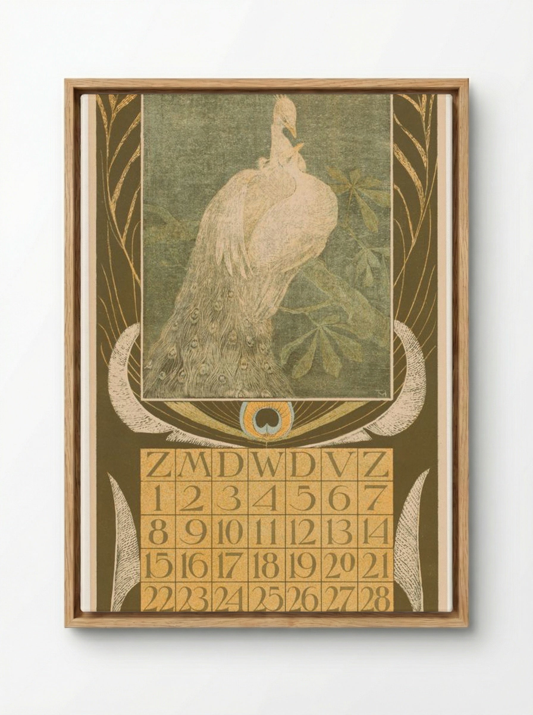 Kalenderblad Mei met Twee Pauwen - Theo van Hoytema - Framed Canvas Wood