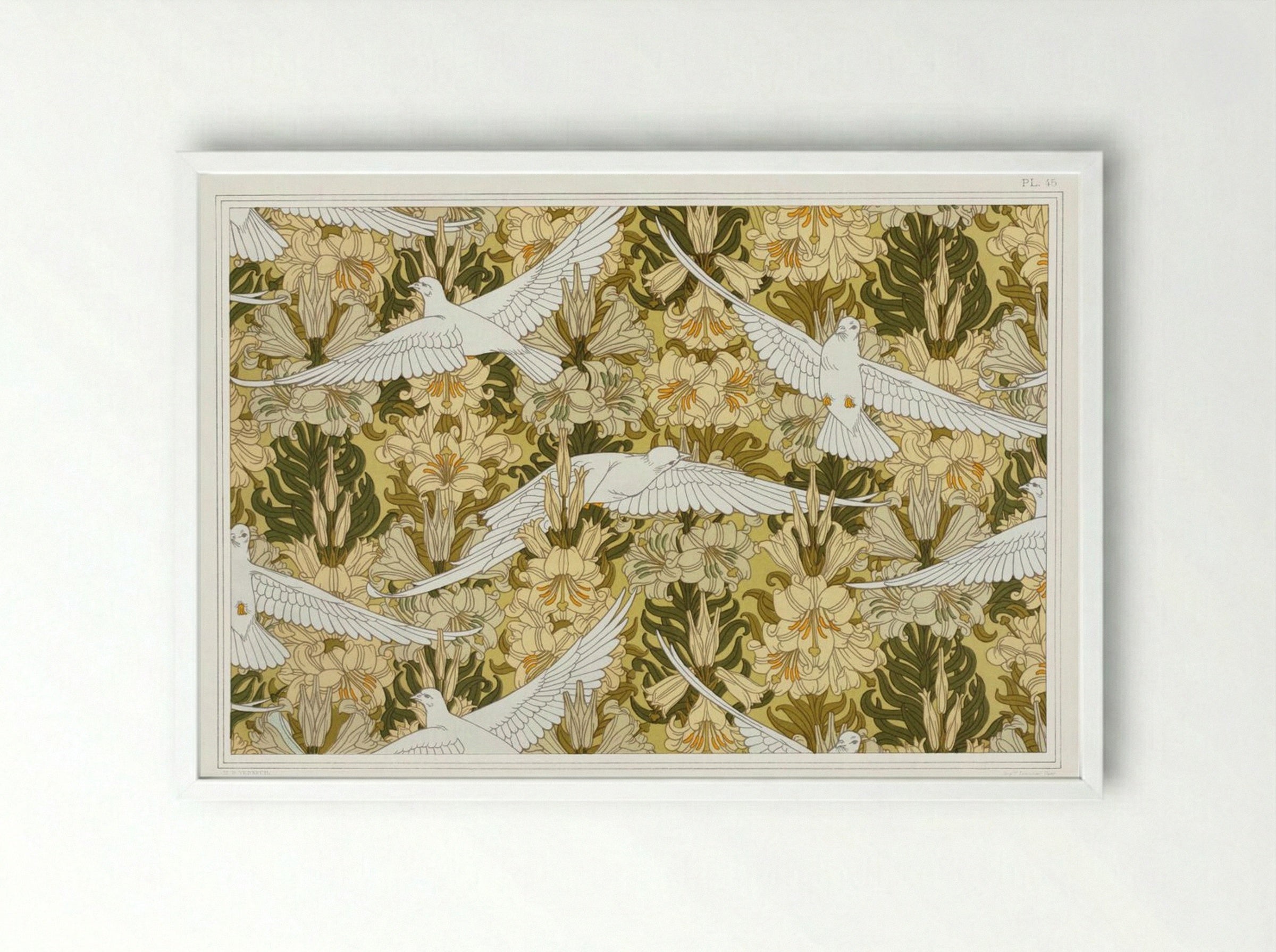Colombes et Lis, Étoffe Imprimée (Doves and Lilies, Printed Fabric) - Maurice Pillard Verneuil - Framed Print White