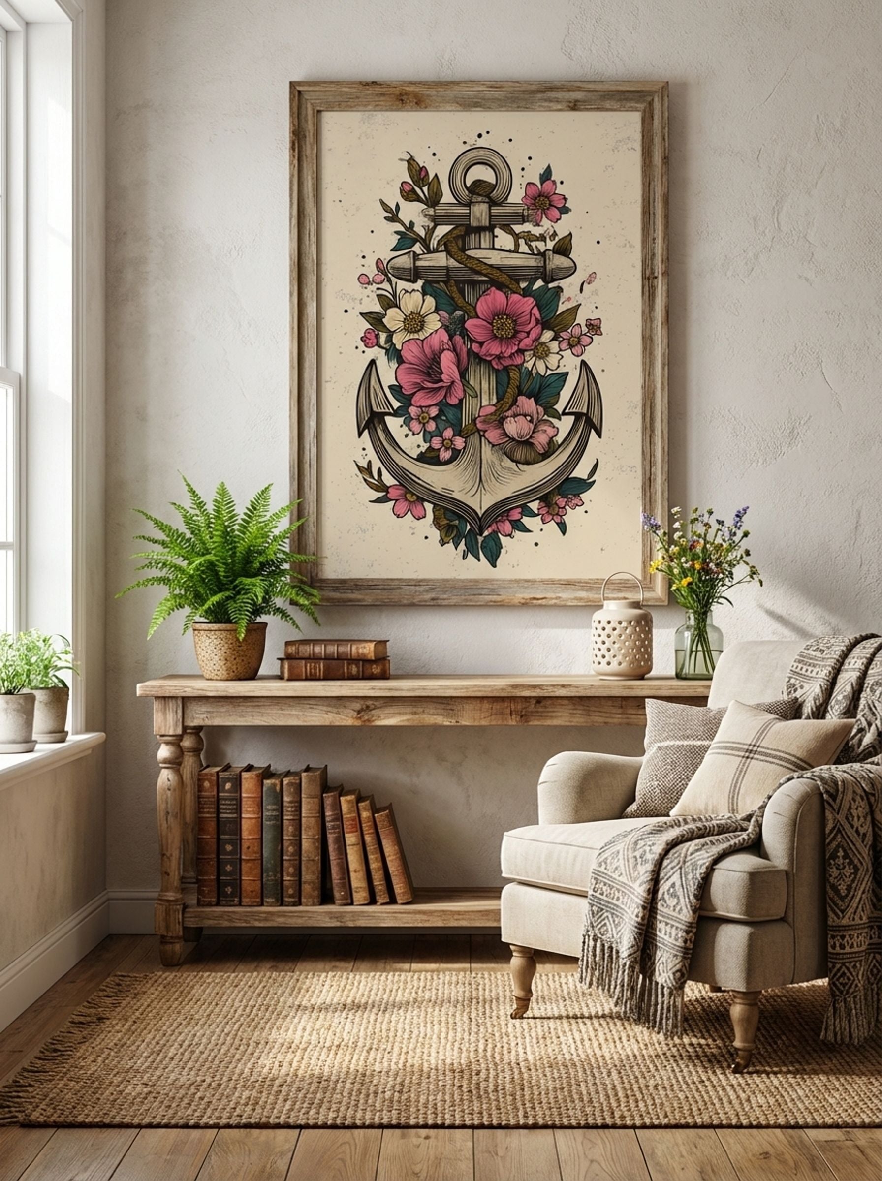 Anchor Wrapped in Vines & Flowers - Neo Traditional Art Print - Lifestyle