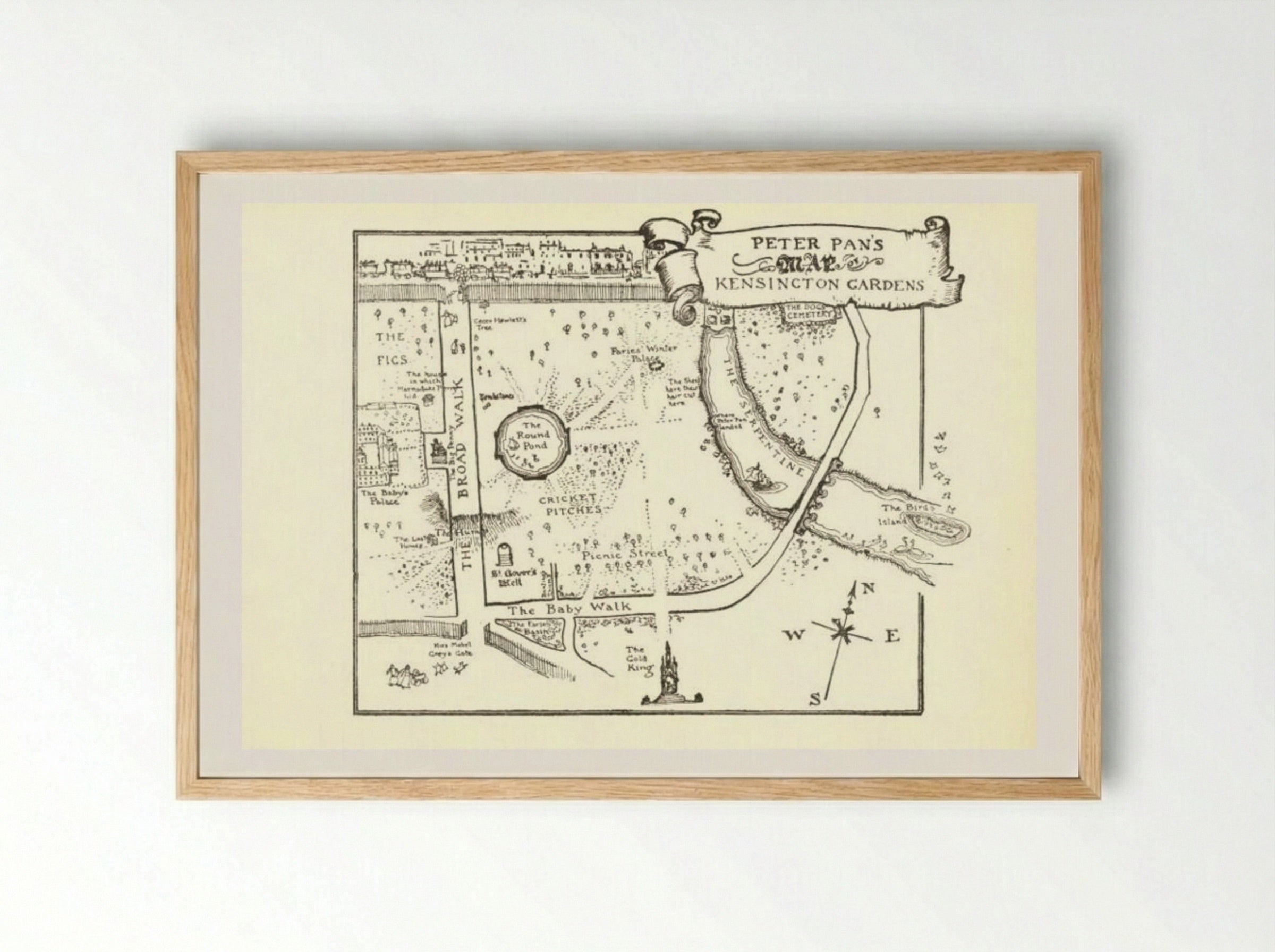 Map of Peter Pan's Kensington Gardens - Arthur Rackham - Framed Print Wood