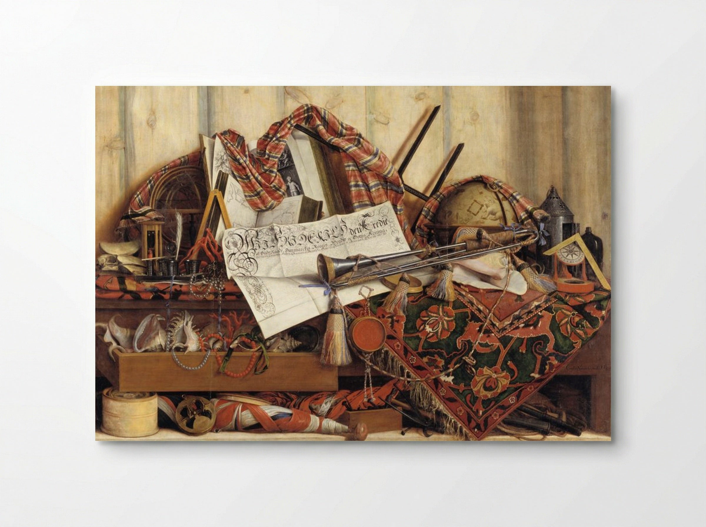 Trompe l'oeil with trumpet, celestial globe and Frederik III's proclamation - Cornelis Norbertus Gysbrechts - Poster