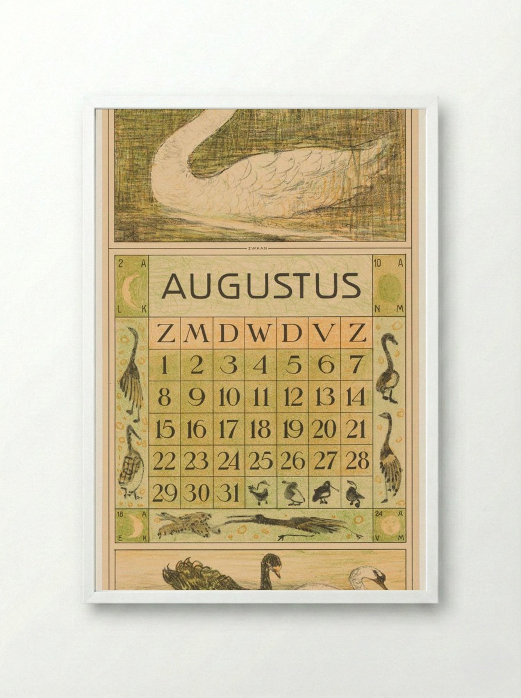 Kalenderblad Augustus met Zwaan - Theo van Hoytema - Framed Print White