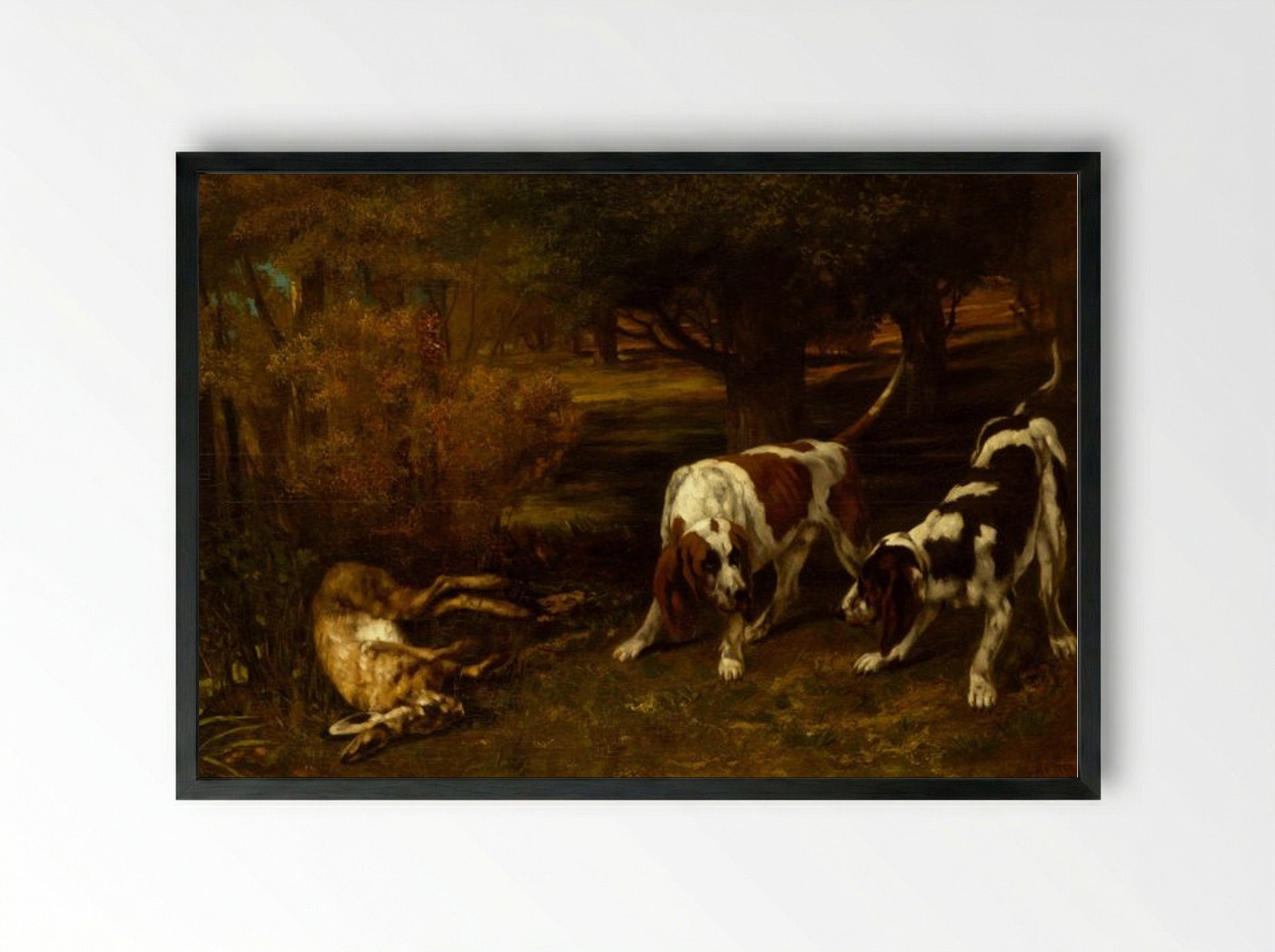 Hunting Dogs with Dead Hare - Gustave Courbet - Framed Print Black