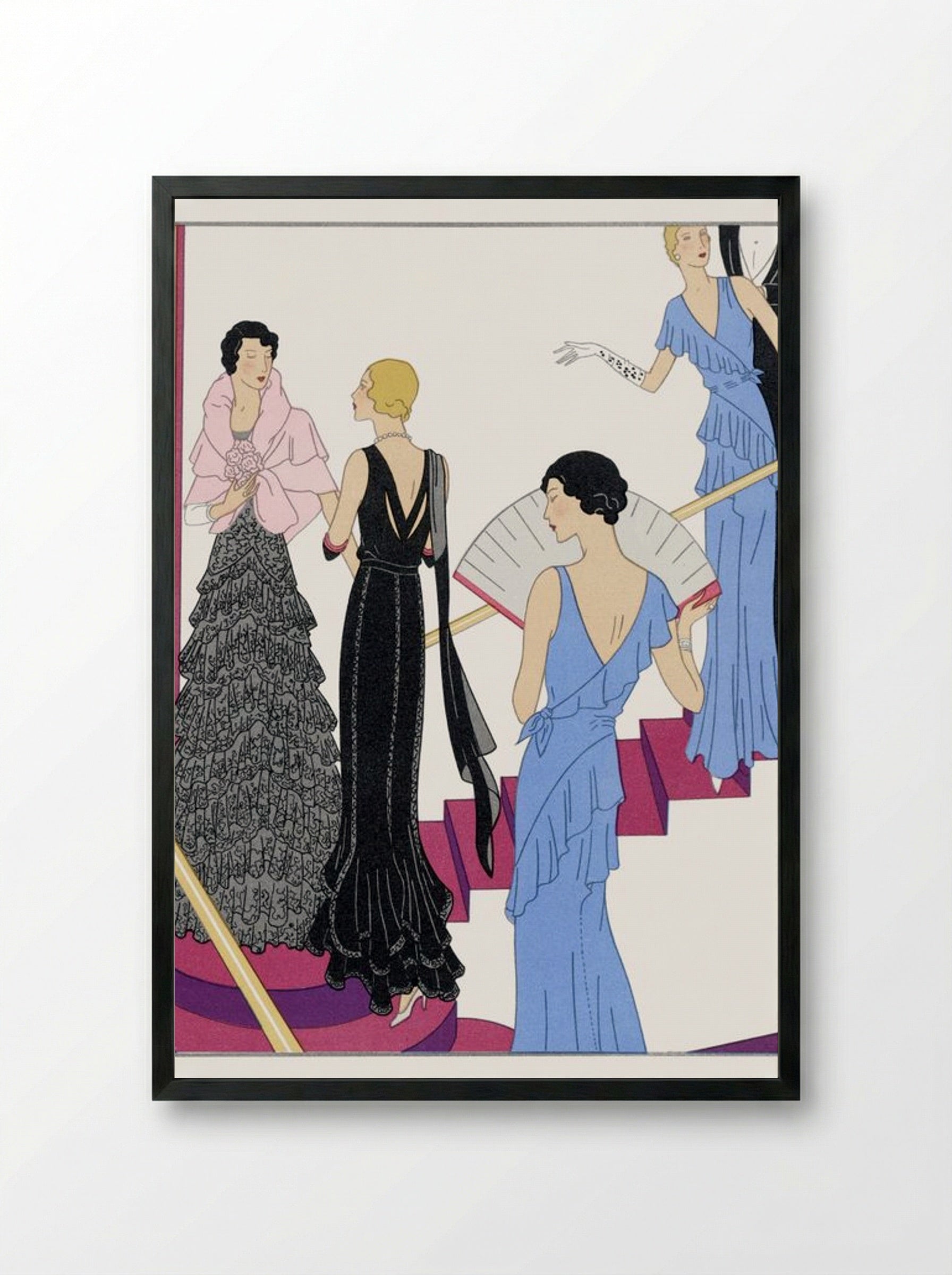 Lace Evening Dress with a Moire Cape - Redfern Ltd. - Framed Print Black