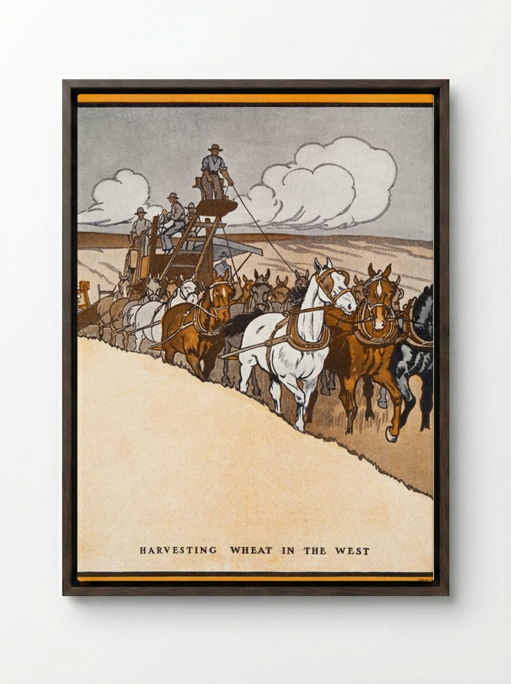 Harvesting Wheat in the West - Edward Penfield - Framed Canvas Dark Wood