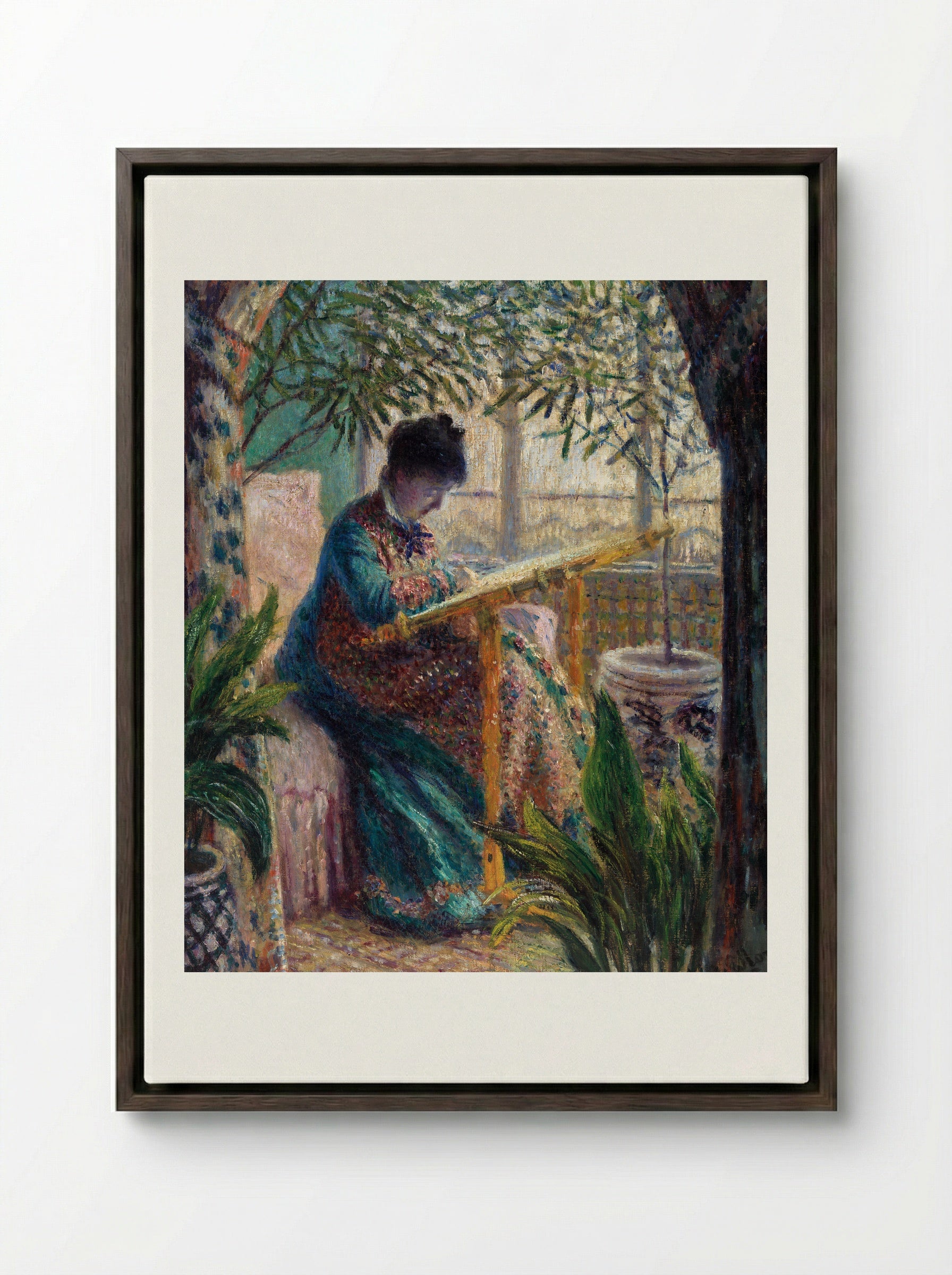 Madame Monet Embroidering - Claude Monet - Framed Canvas Dark Wood
