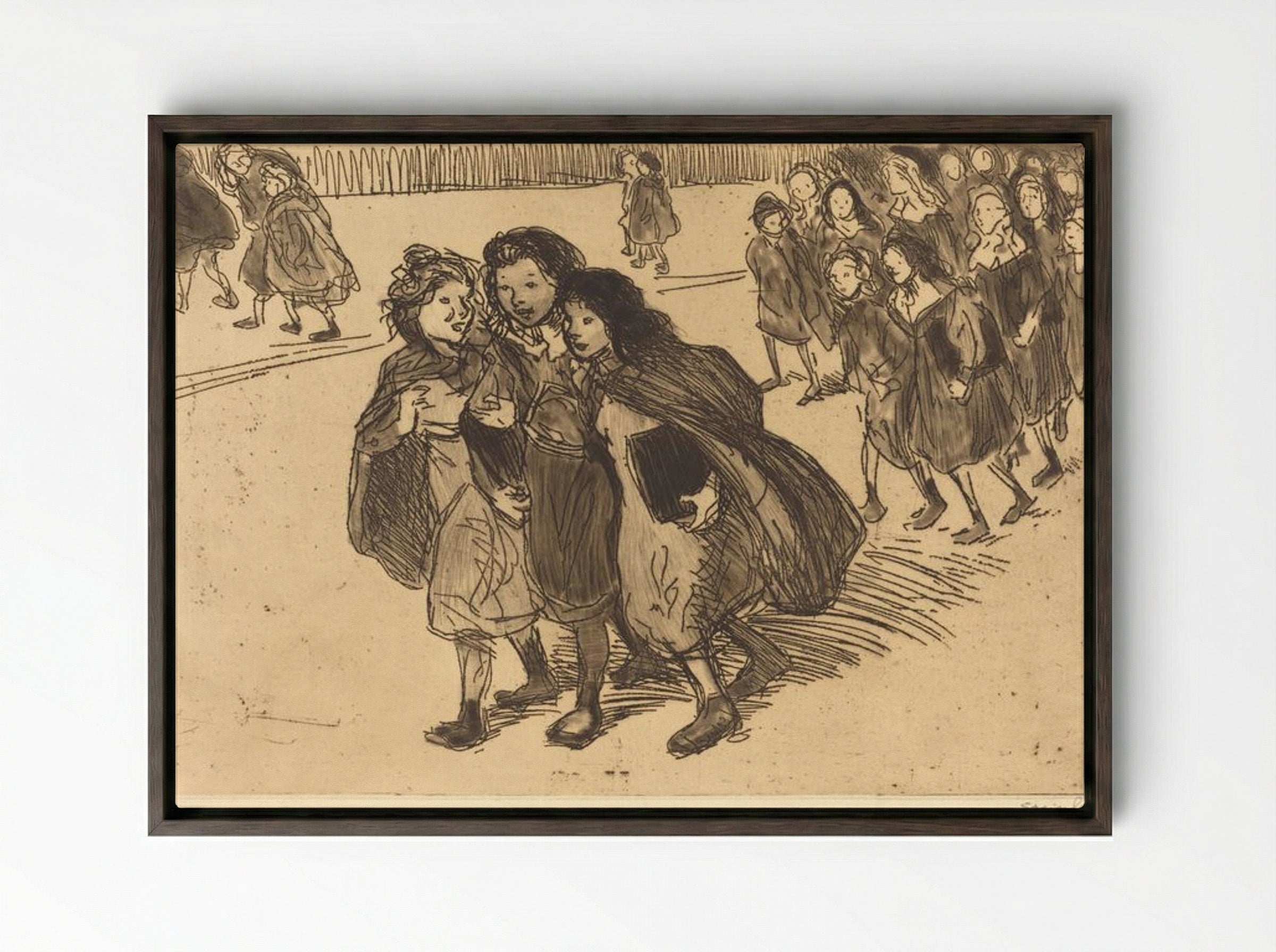 Girls Coming from School - Théophile Alexandre Steinlen - Framed Canvas Dark Wood