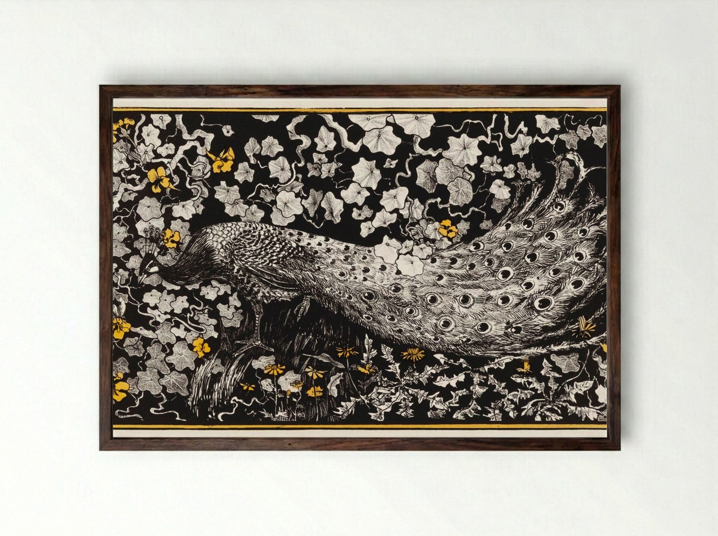Peacock Among Foliage - Theo van Hoytema - Framed Print Dark Wood