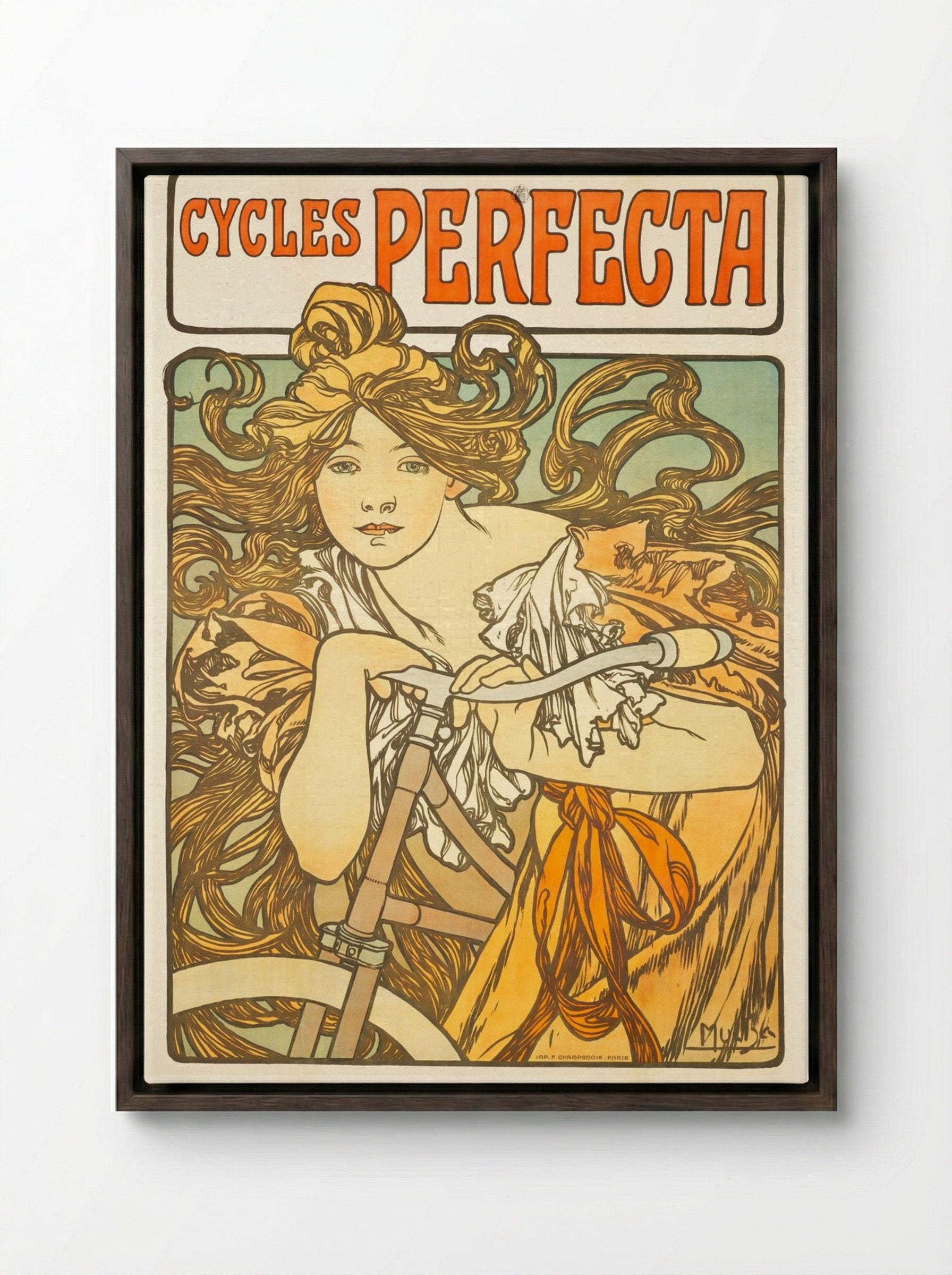 Cycles Perfecta - Alphonse Mucha - Framed Canvas Dark Wood