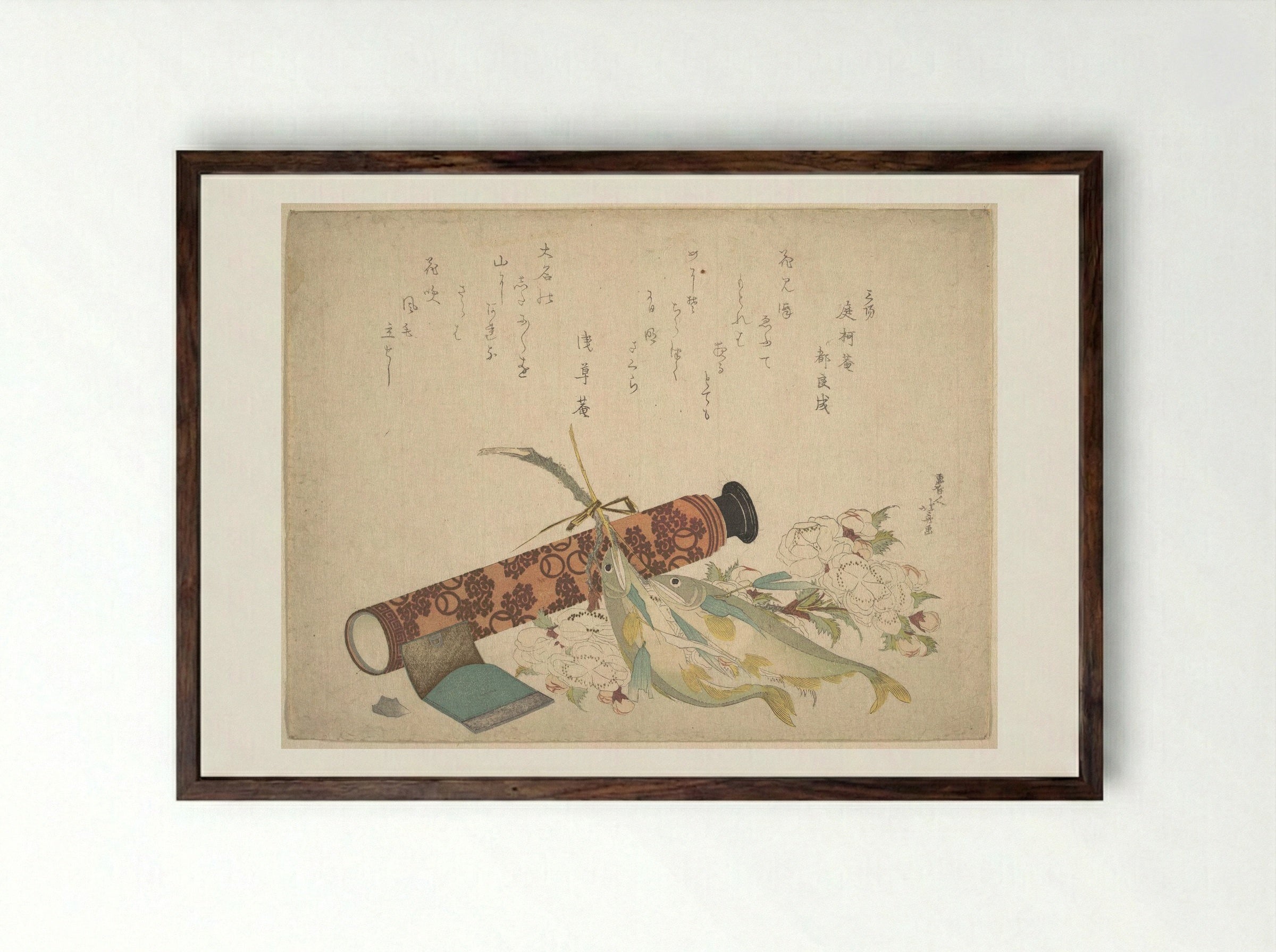 Still Life: Double Cherry-Blossom Branch, Telescope, Sweet Fish, and Tissue Case - Katsushika Hokusai - Framed Print Dark Wood