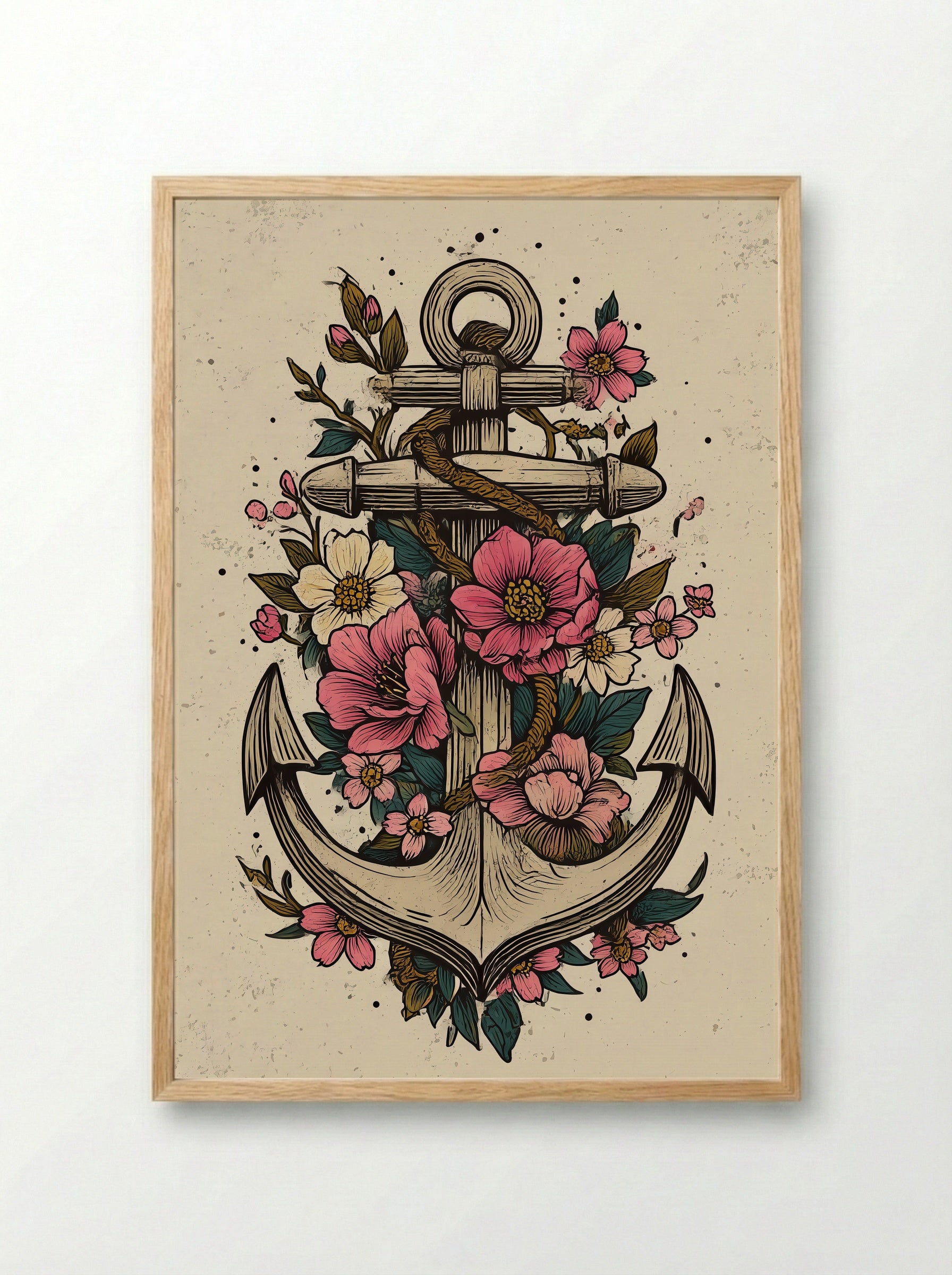 Anchor Wrapped in Vines & Flowers - Neo Traditional Art Print - Framed Print Wood