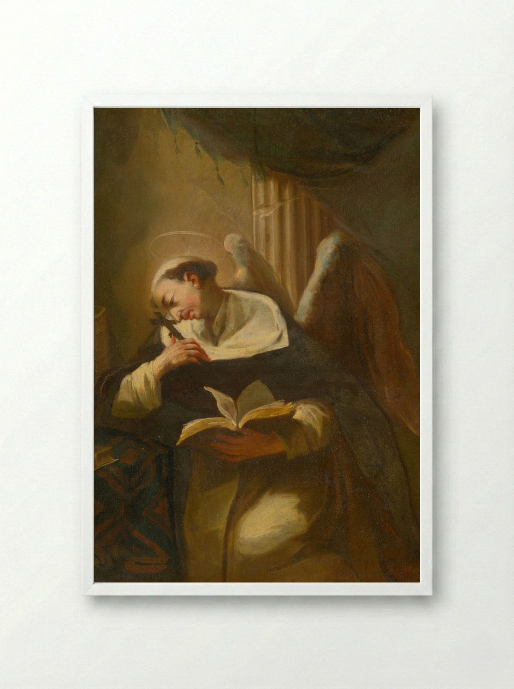 Kneeling Saint with Cross and Book - Fine Art Print - Framed Print White