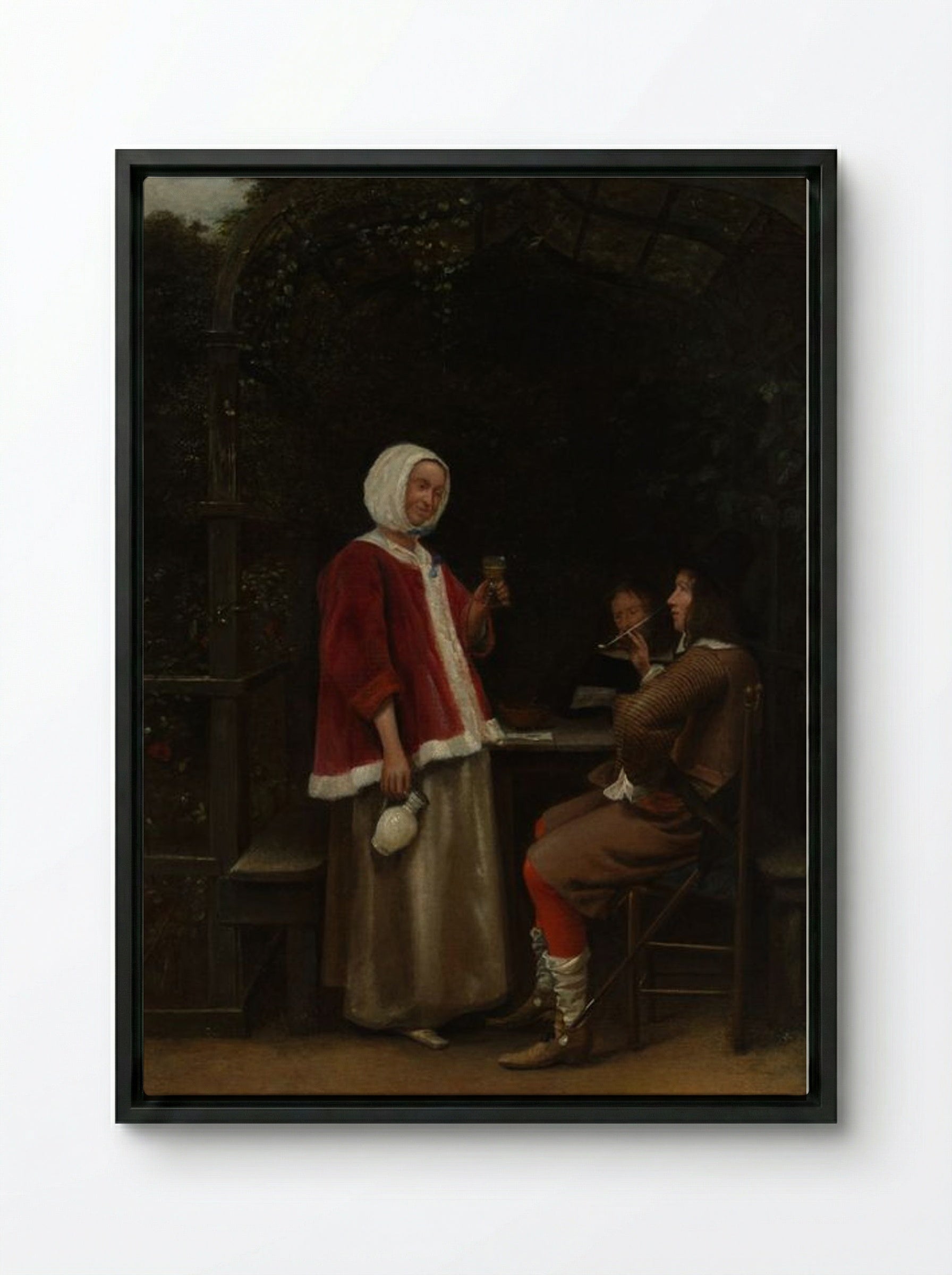A Woman and Two Men in an Arbor - Pieter de Hooch - Framed Canvas Black