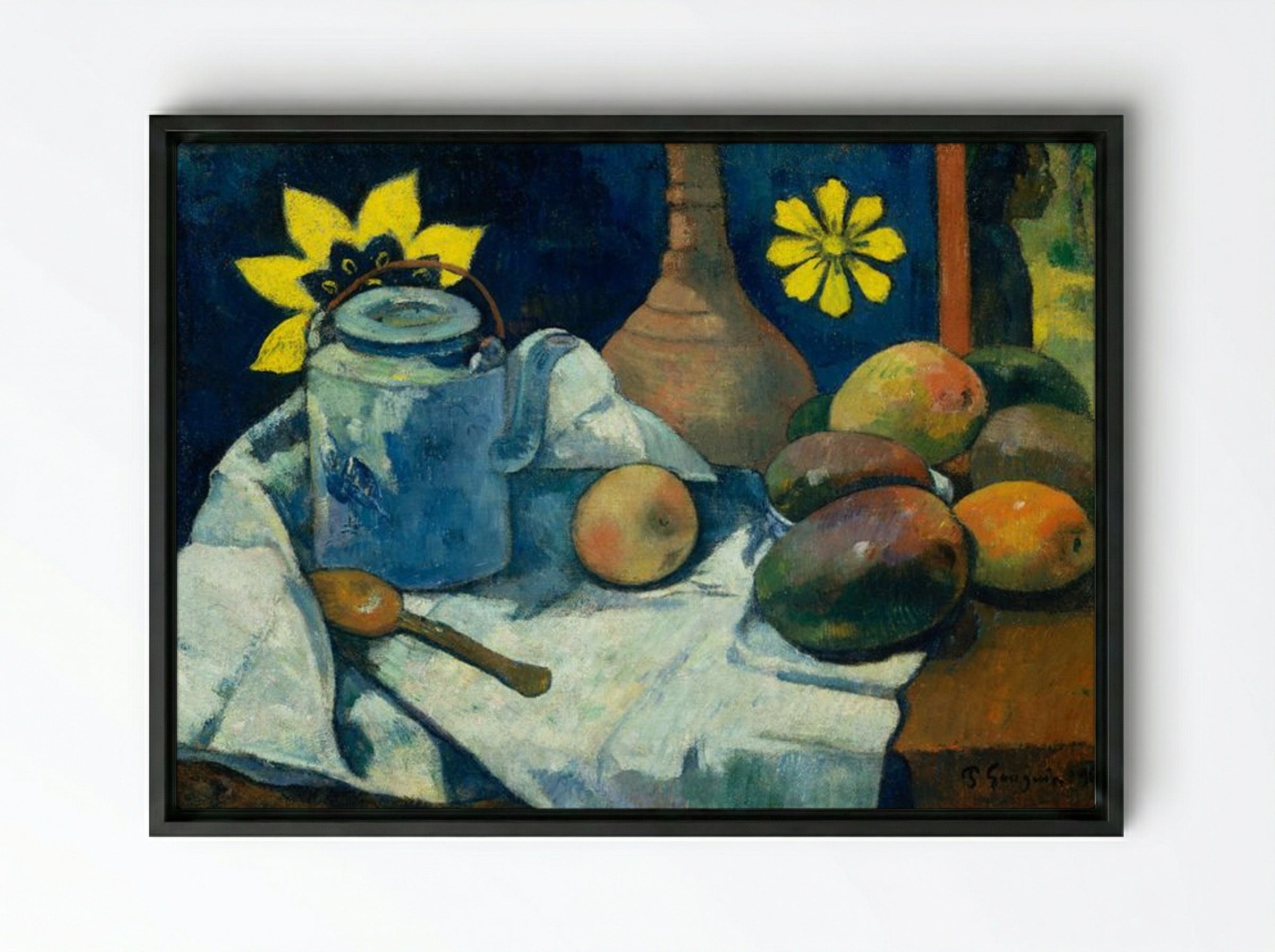 Still Life with Teapot and Fruit - Paul Gauguin - Framed Canvas Black