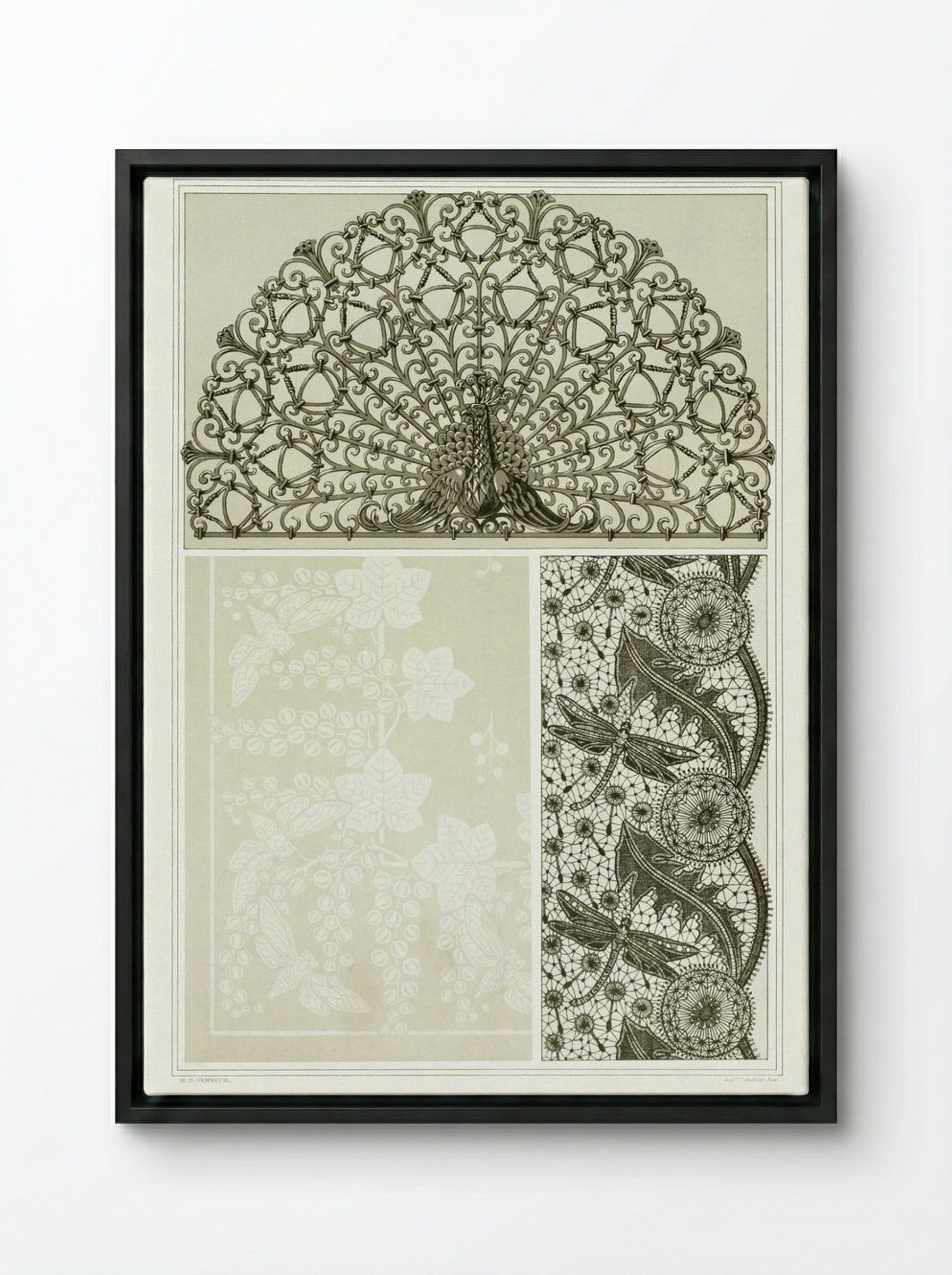 L'Animal dans la Décoration, Plate 14 (Peacock, Cicadas, Dragonflies) - Maurice Pillard Verneuil - Framed Canvas Black