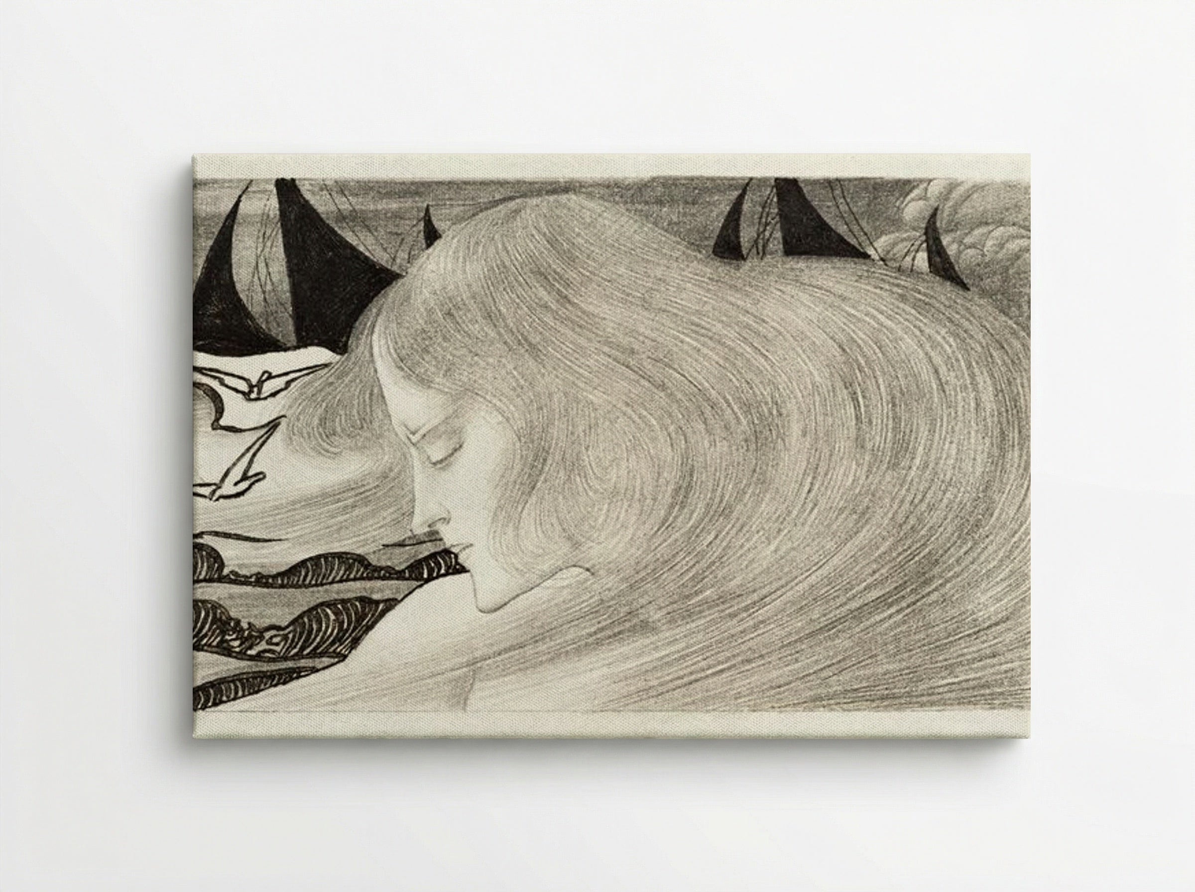 Young Woman with Wavy Hair in Front of a Sea with Ships - Jan Toorop - Canvas