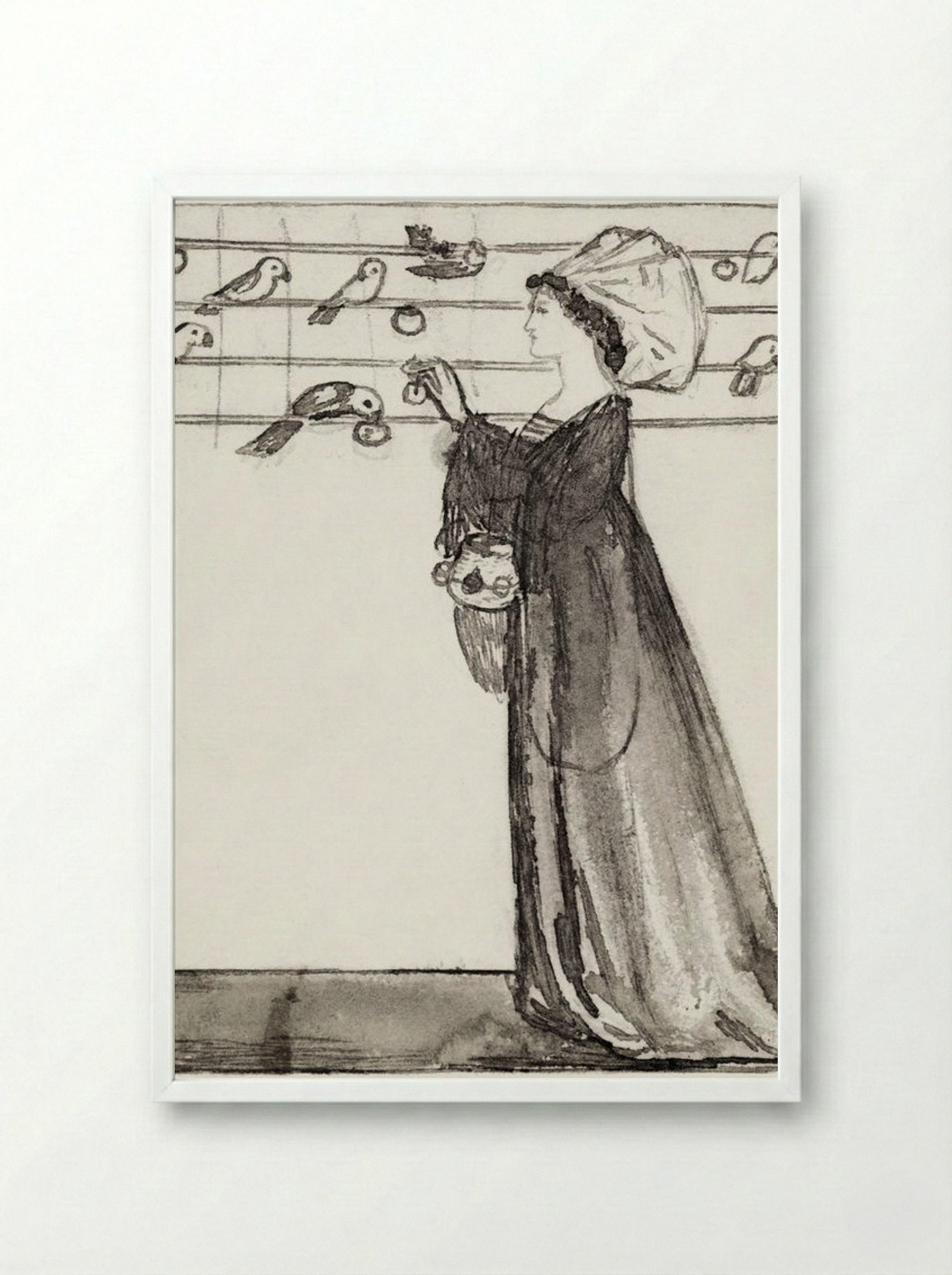Study of a Lady Feeding Parrots - Edward Burne-Jones - Framed Print White