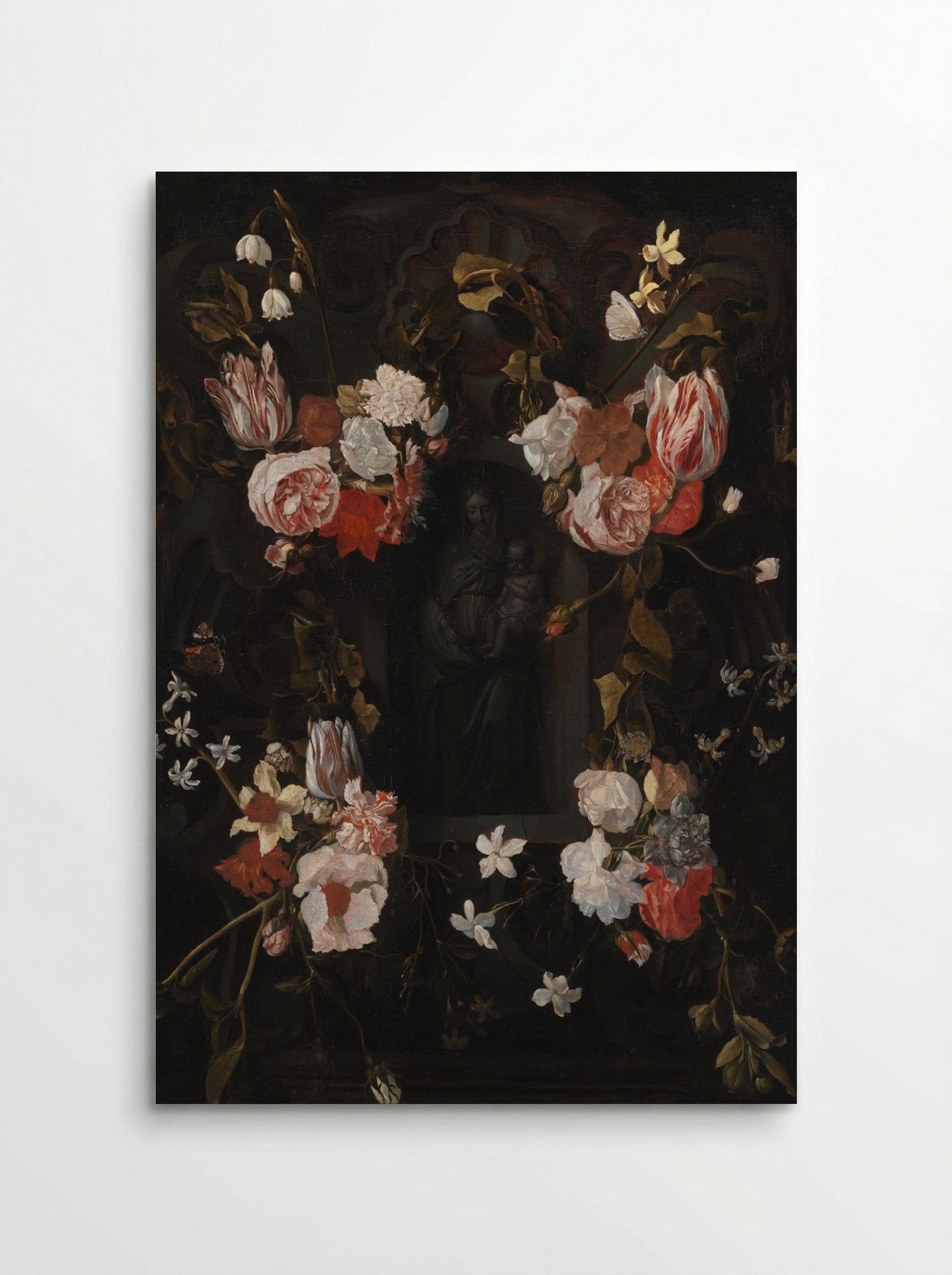 A Flower-Wreathed Niche with a Stone Figure of the Madonna - Fine Art Print - Poster