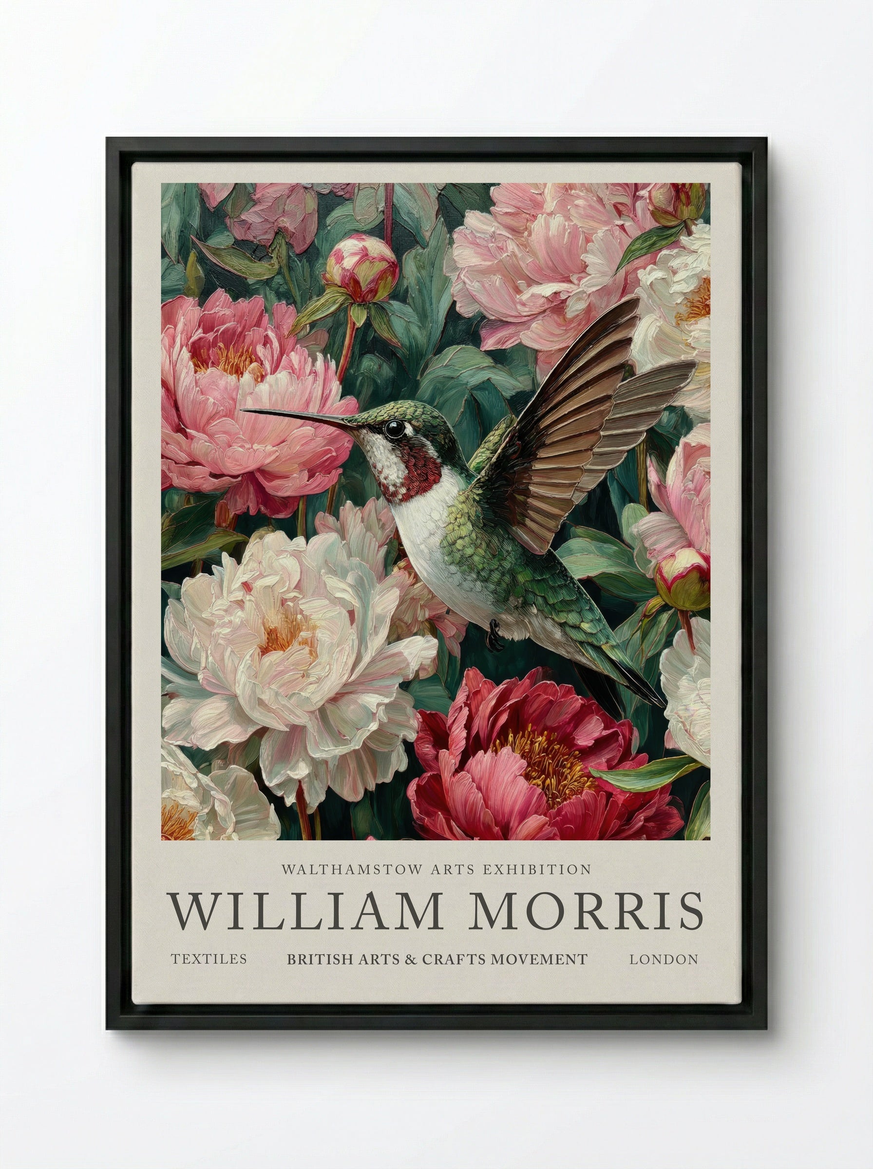 Peony Hummingbird Flight - William Morris - Framed Canvas Black