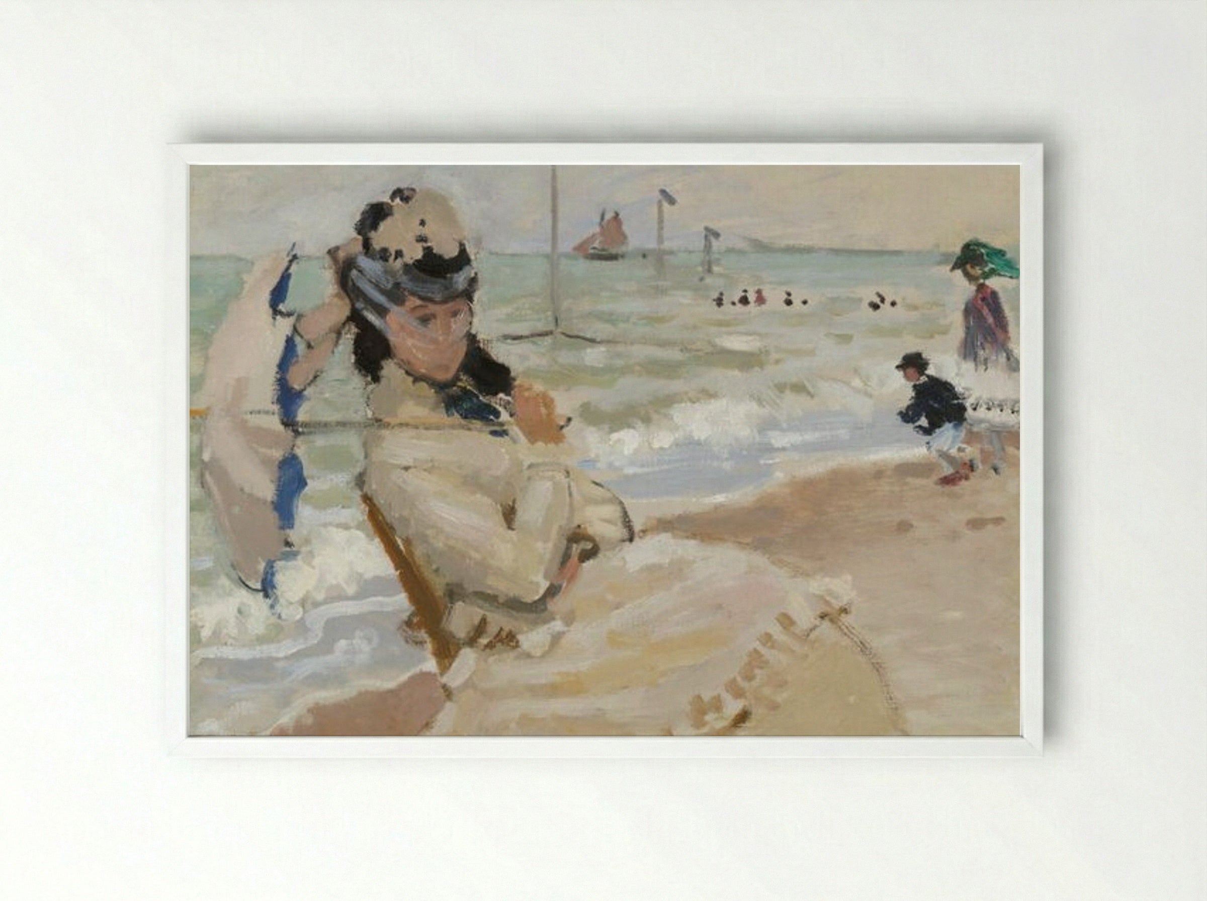 Camille on the Beach in Trouville - Claude Monet - Framed Print White