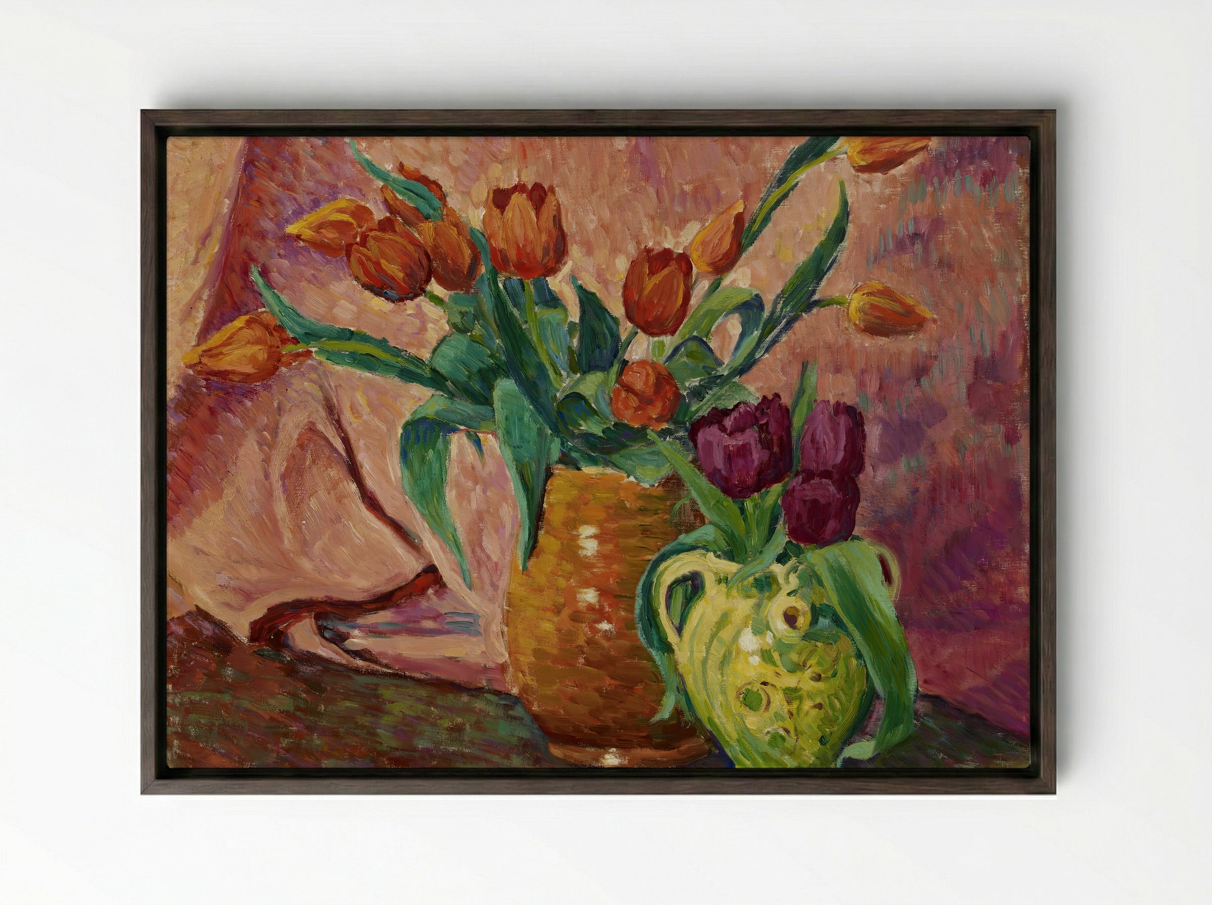 Two Vases with Tulips - Alfred William Finch - Framed Canvas Dark Wood