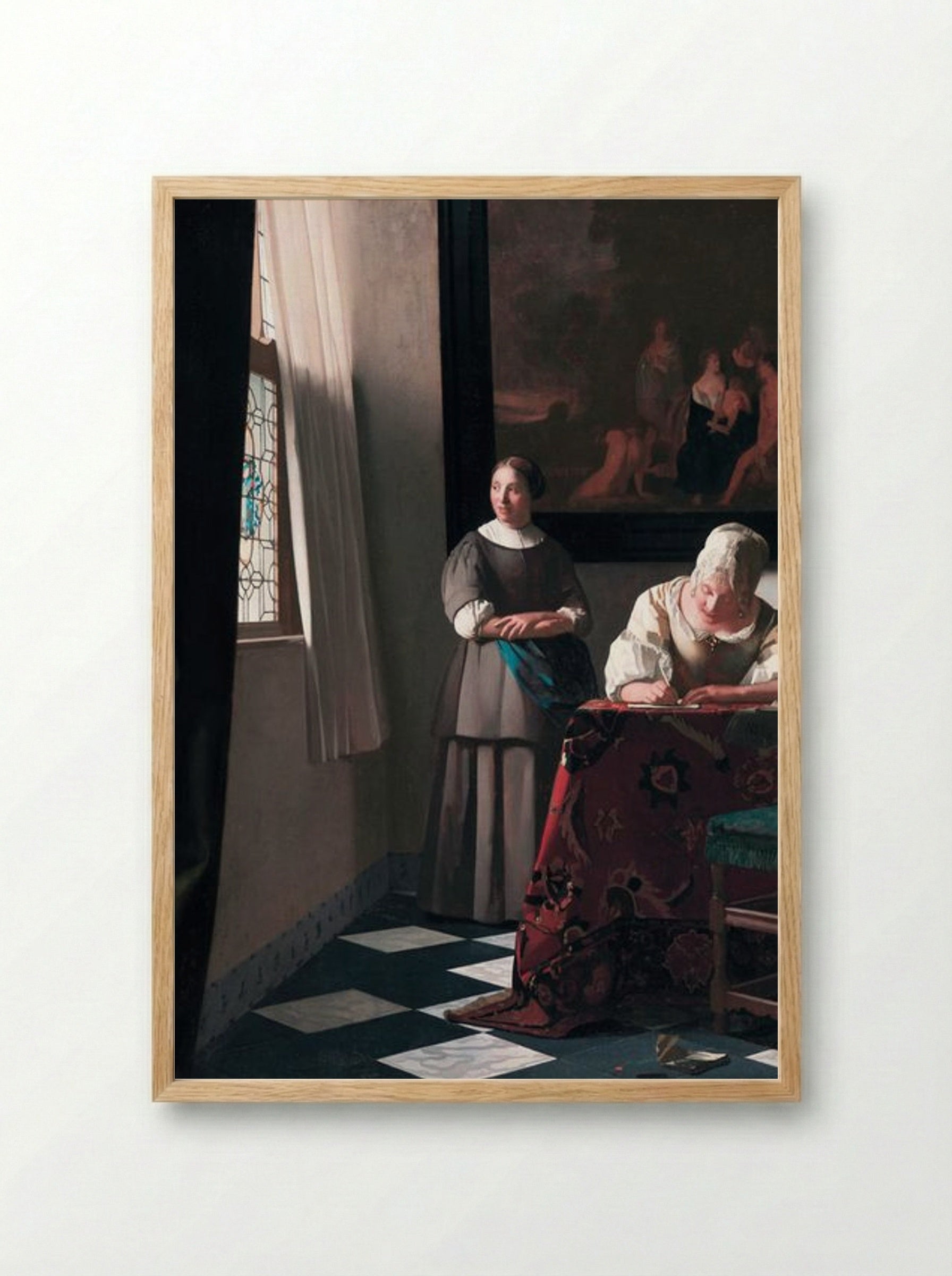 Lady Writing a Letter with her Maid - Johannes Vermeer - Framed Print Wood