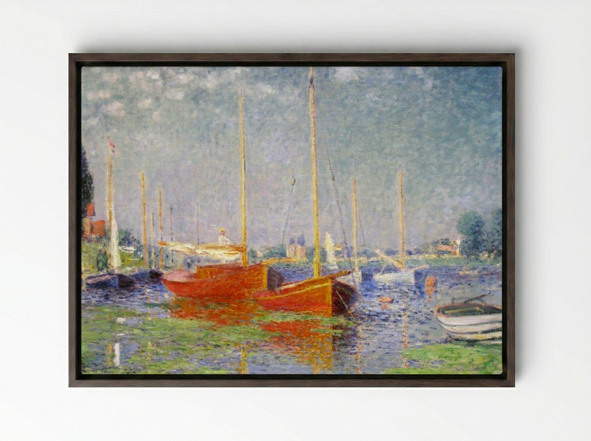 Red Boats at Argenteuil - Claude Monet - Framed Canvas Dark Wood