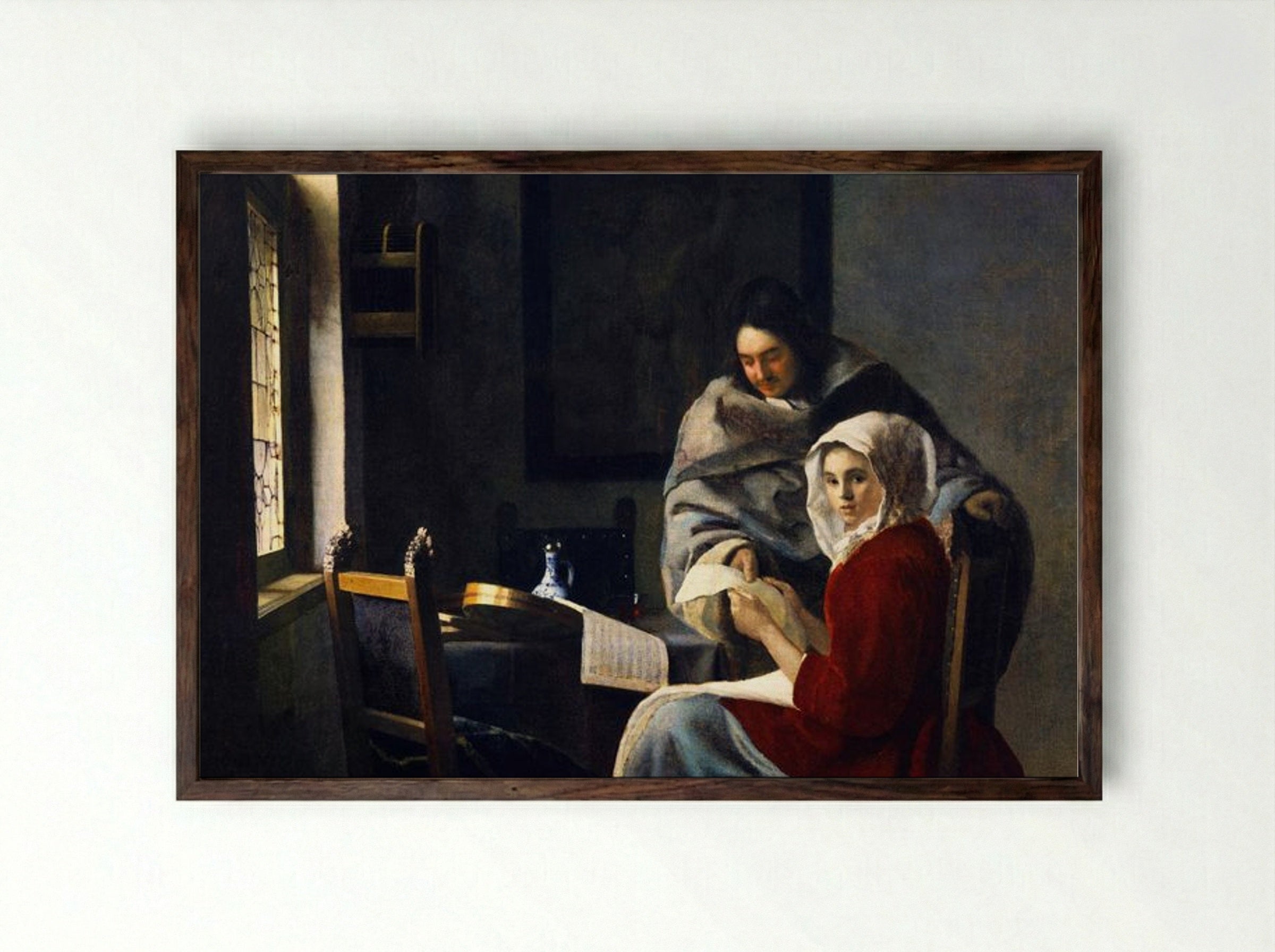 Girl Interrupted at Her Music - Johannes Vermeer - Framed Print Dark Wood