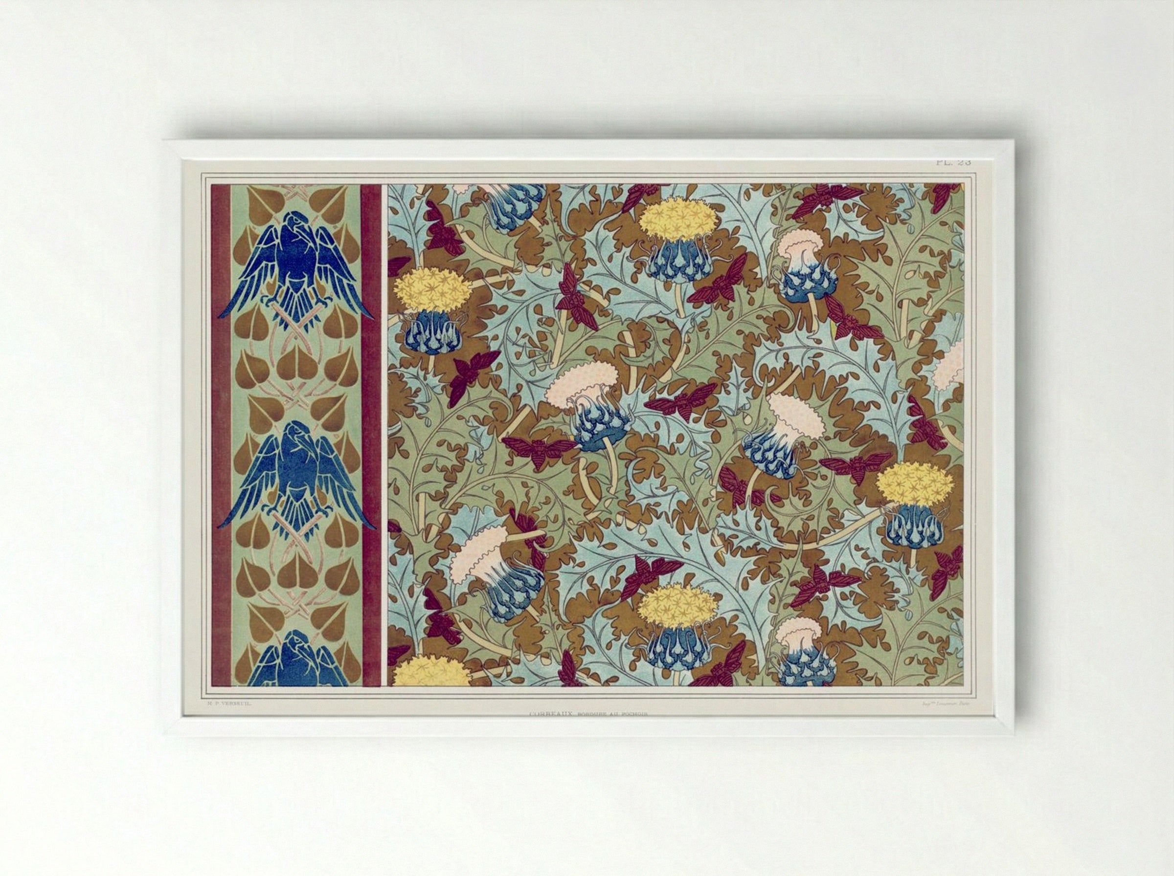 Corbeaux, Cigales et Chardons (Textile Design) - Maurice Pillard Verneuil - Framed Print White