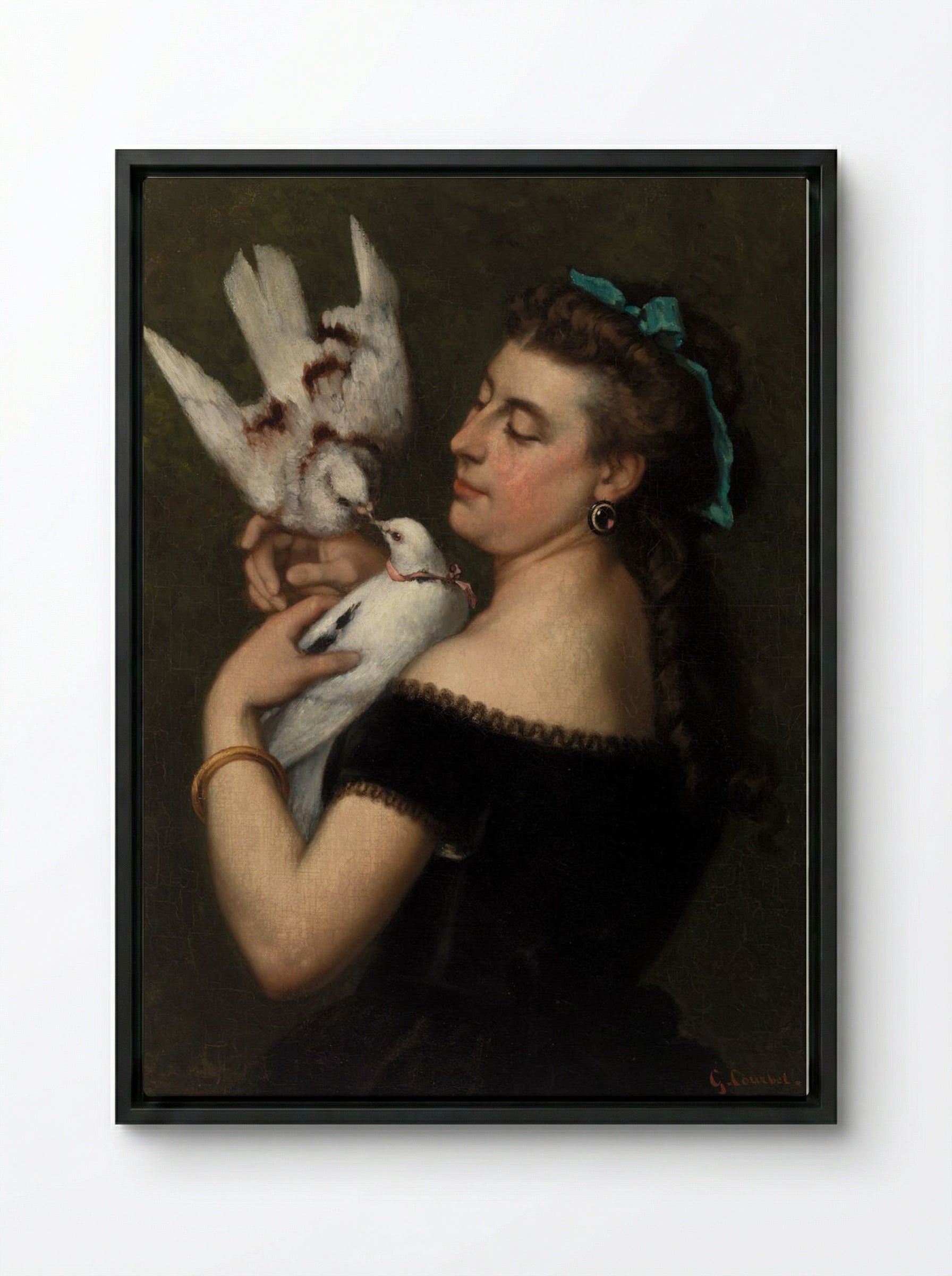 Woman with Pigeons - Gustave Courbet - Framed Canvas Black
