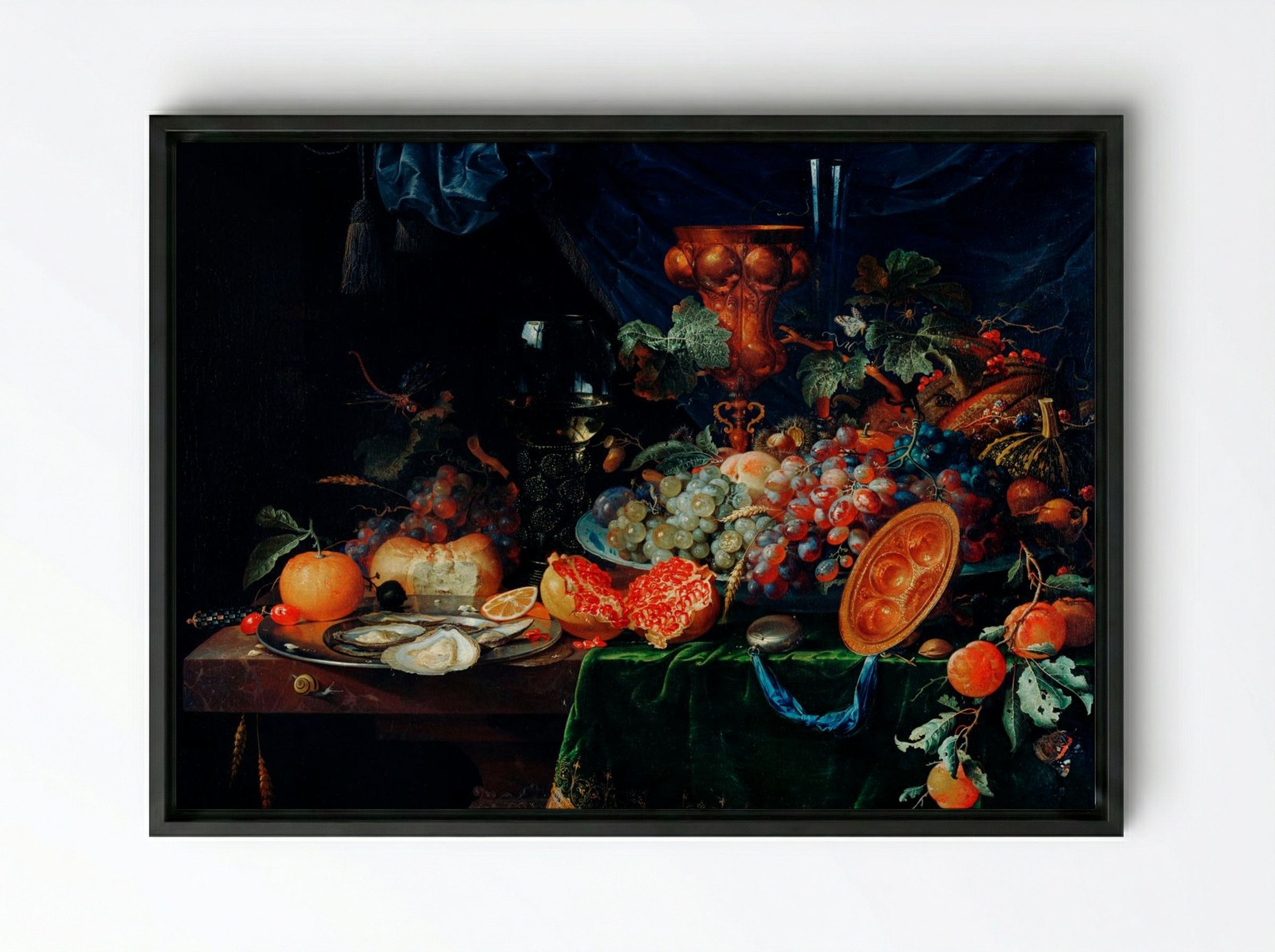 Fruits and Oysters - Abraham Mignon - Framed Canvas Black