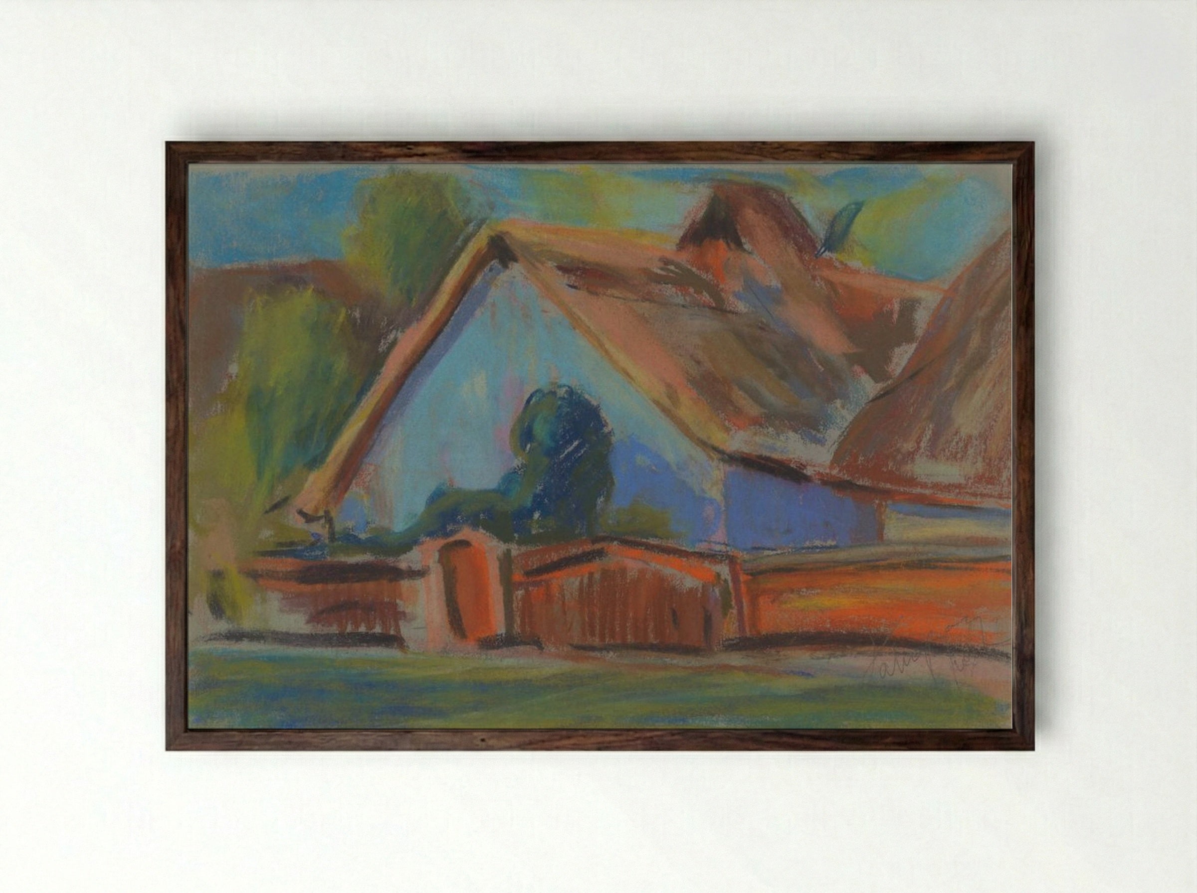 Blue Village Cottage - Zolo Palugyay - Framed Print Dark Wood